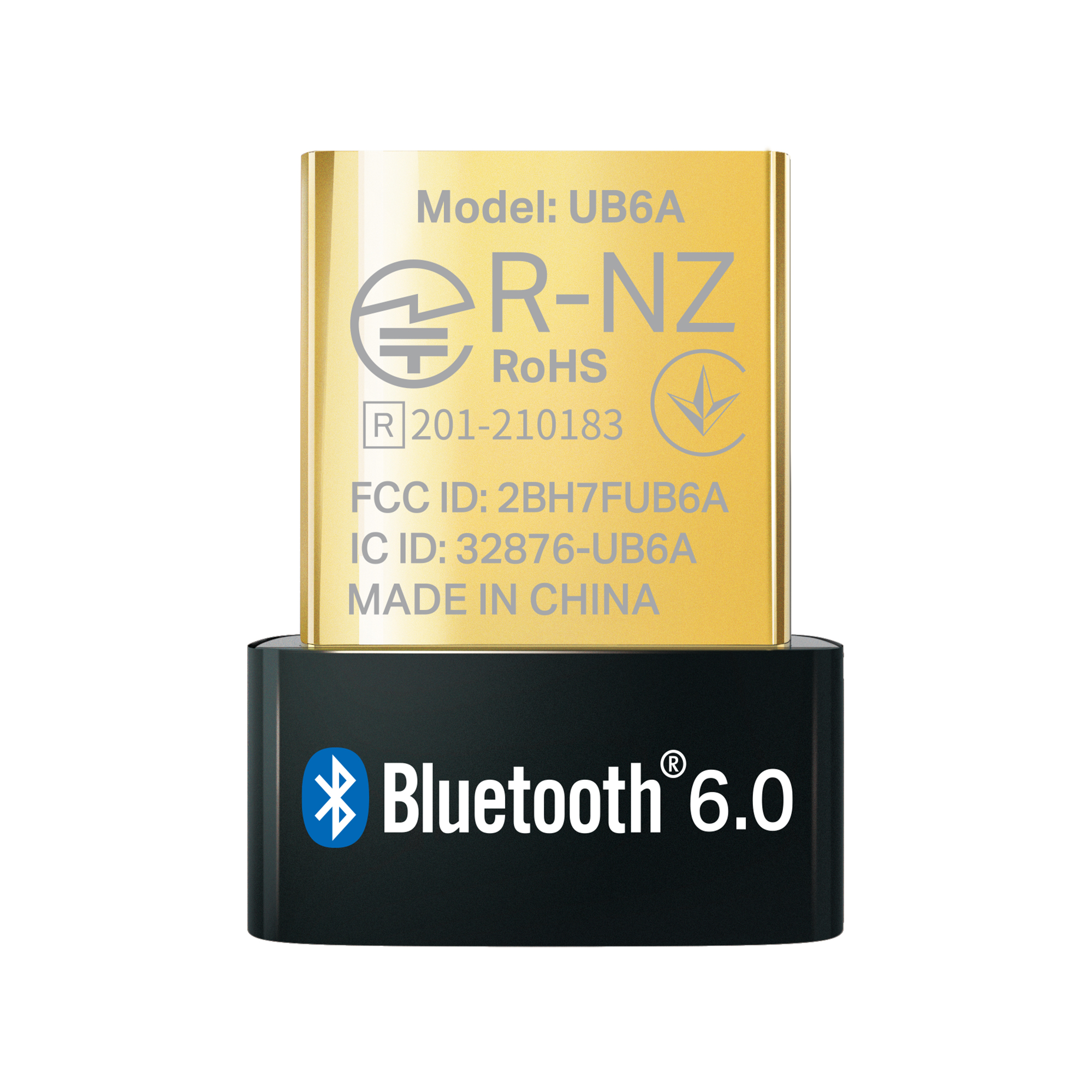 Un dispositivo USB Bluetooth 6.0 dorado con texto de modelo y normativas.