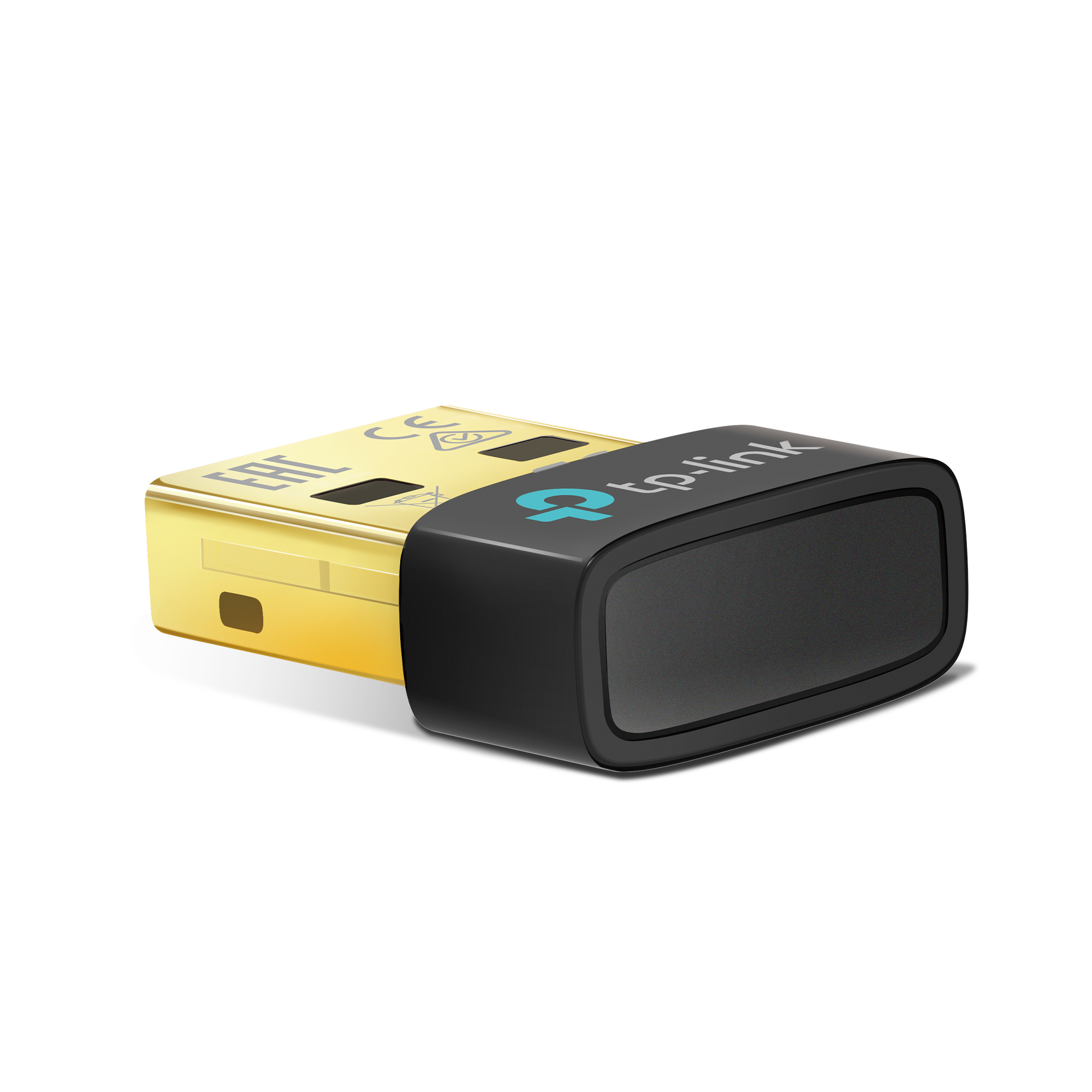 Pequeño adaptador USB TP-Link negro y dorado sobre fondo blanco.