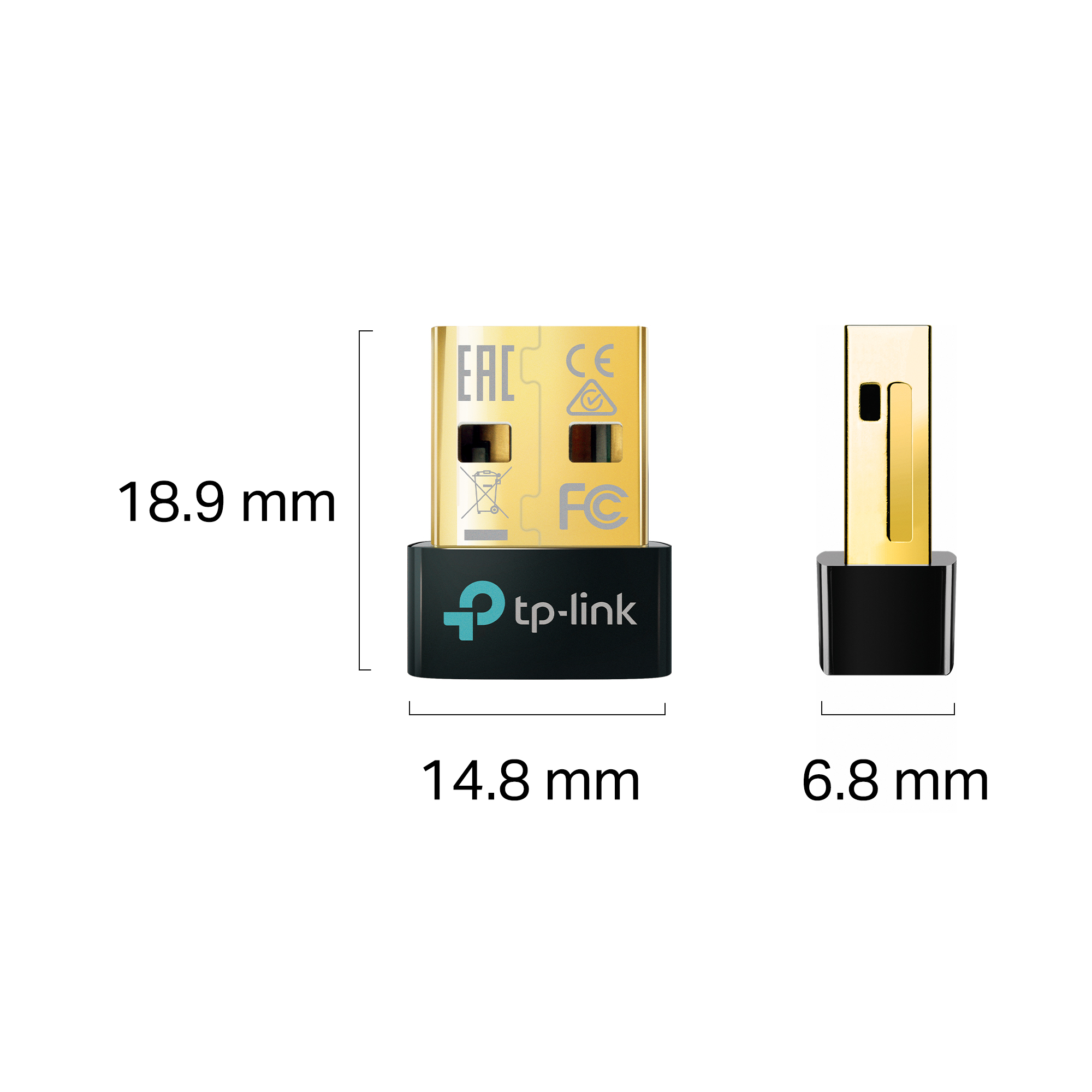 Un adaptador USB TP-Link diminuto con dimensiones de 18.9 mm de alto, 14.8 mm de ancho y 6.8 mm de grosor.
