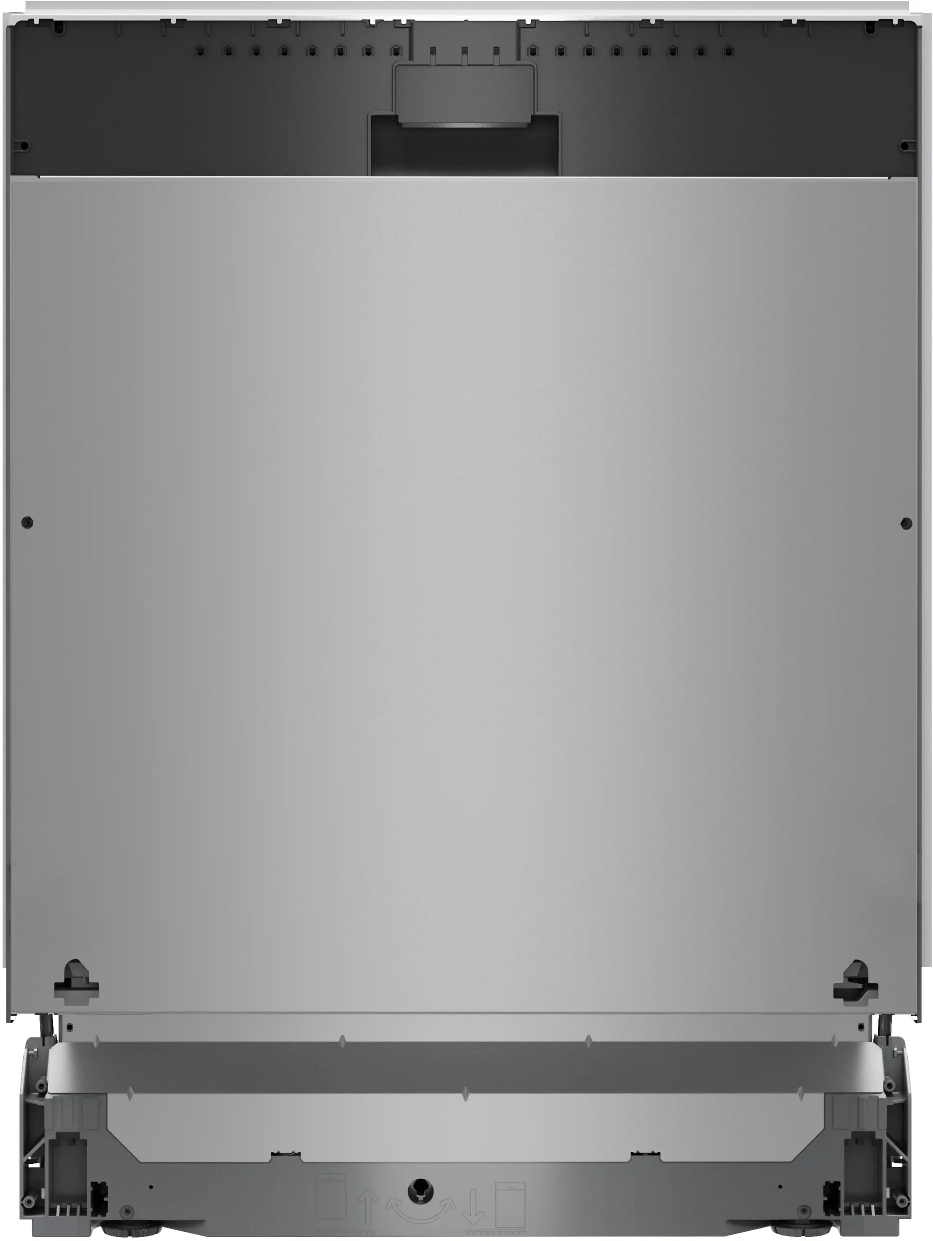 Vista frontal de un lavavajillas plateado con panel de control superior negro y patas.