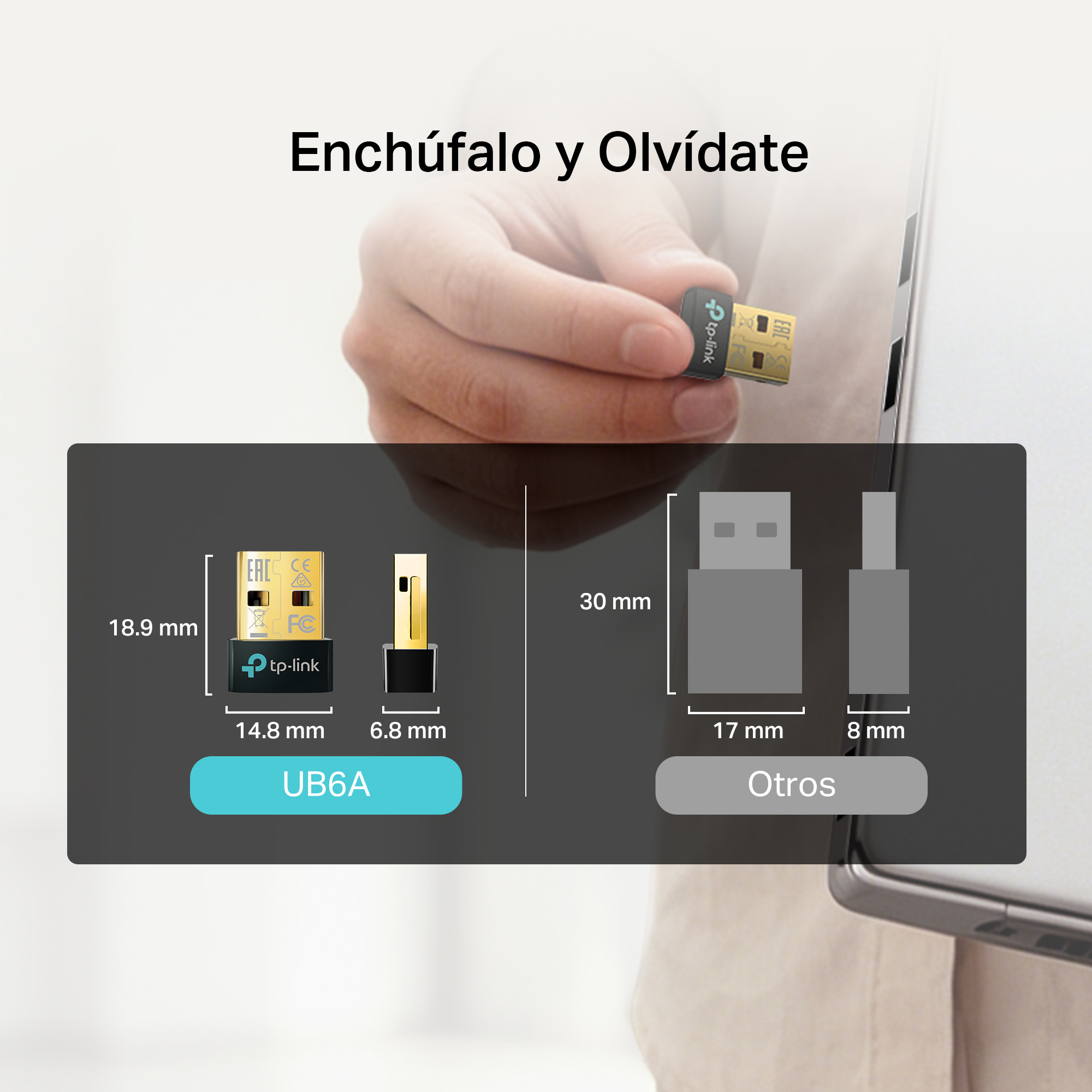 Gráfico comparativo de dimensiones del adaptador USB nano UB6A frente a otros adaptadores estándar. "Enchúfalo y olvídate".