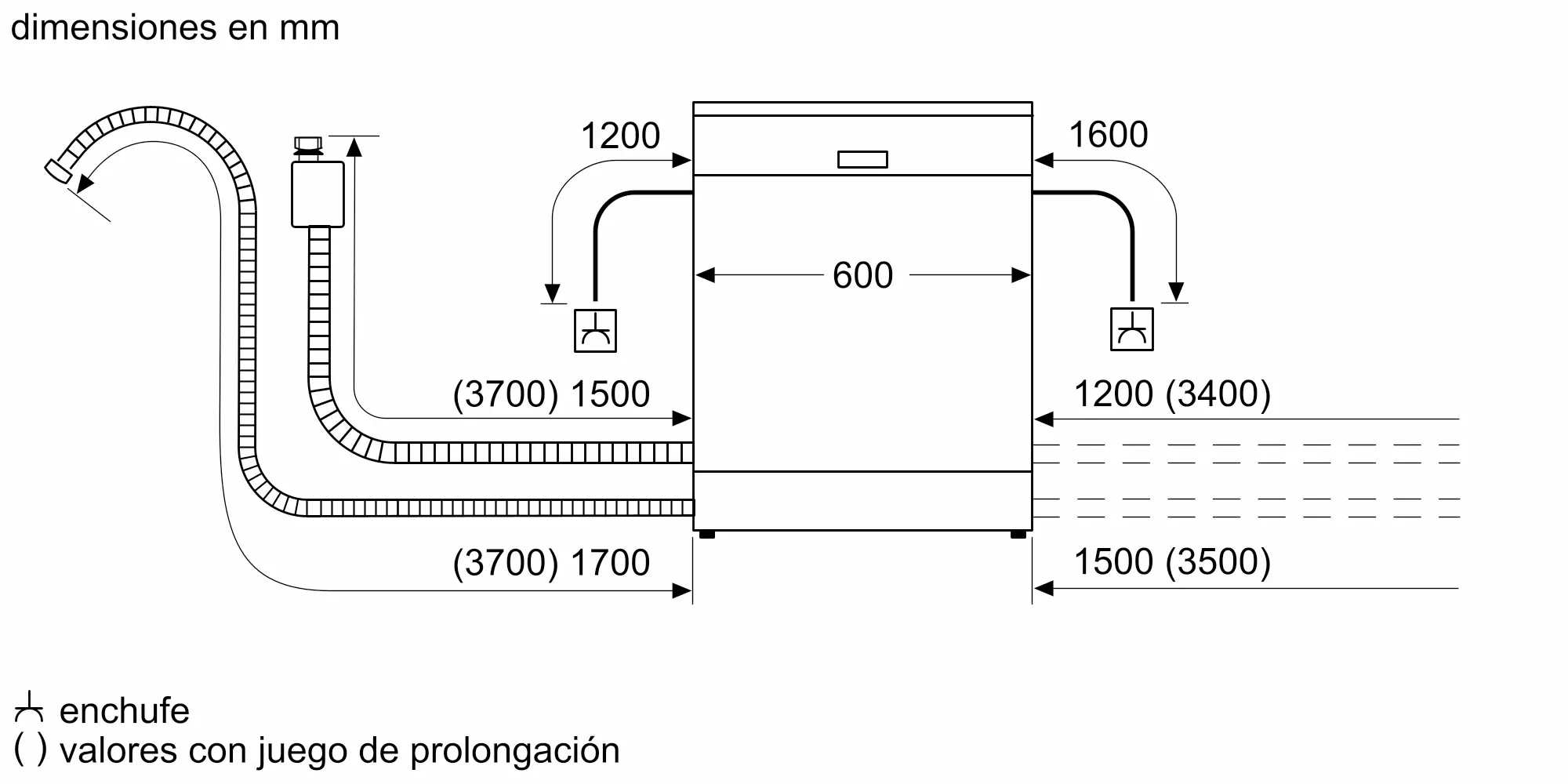 Plano técnico de un lavavajillas que muestra dimensiones en milímetros, tuberías y conexiones eléctricas.