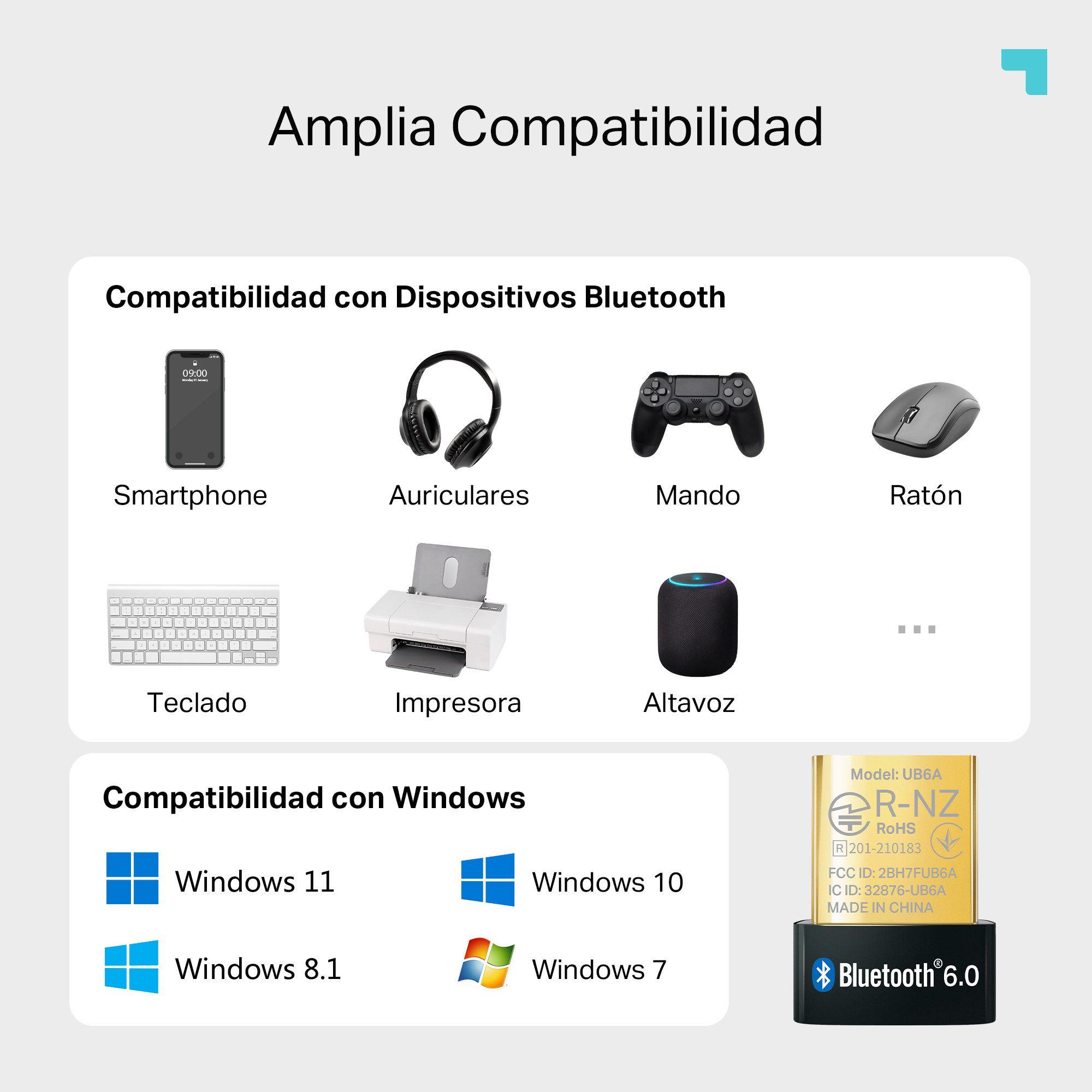 Amplia compatibilidad con dispositivos bluetooth:smartphone,auriculares,mando,ratón,teclado,impresora,altavoz.Compatibilidad con Windows 11,8.1,10 y 7