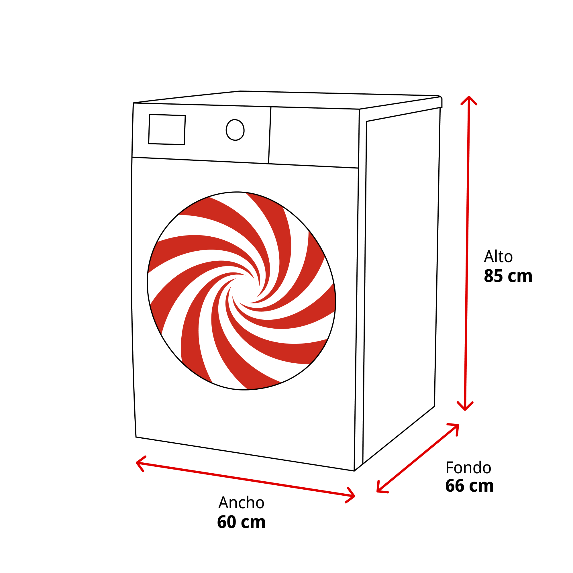 Dibujo lineal de una lavadora con dimensiones: 85 cm de alto, 60 cm de ancho y 66 cm de fondo.