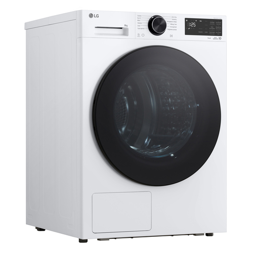 Una lavadora LG de carga frontal blanca con ojo de buey negro, dial giratorio y pantalla digital sobre fondo blanco.