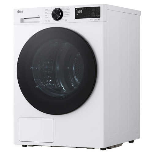 Una lavadora LG blanca con puerta negra y selector giratorio sobre fondo blanco.