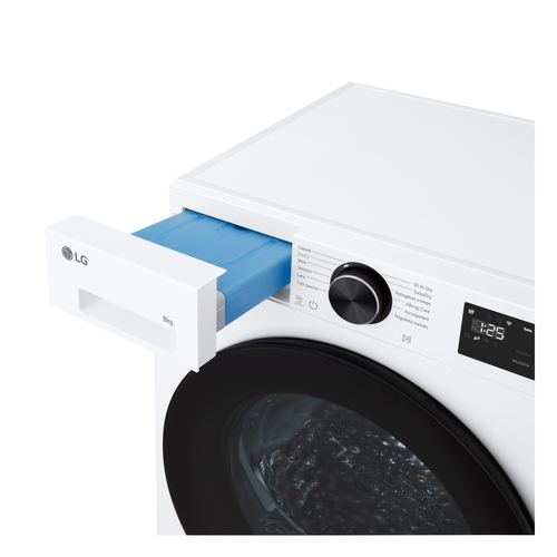 Una lavadora LG blanca con un cajón de detergente azul abierto y un botón de control.