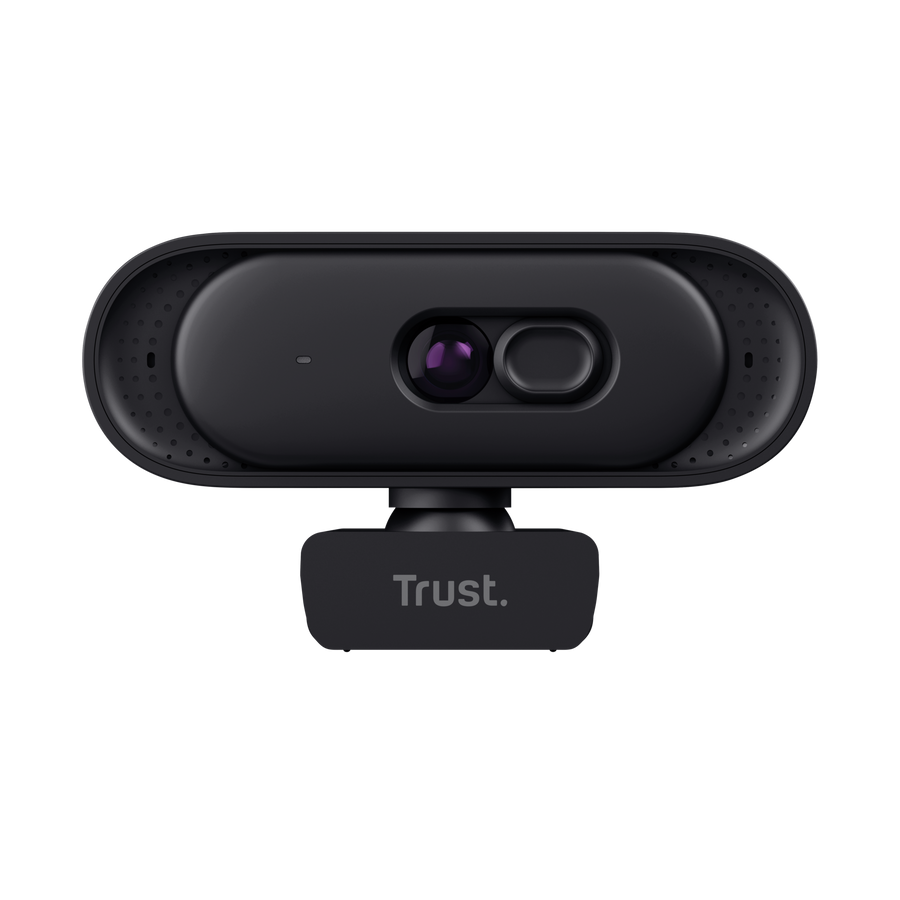 Una cámara web Trust negra con lente y obturador de privacidad en un soporte sobre fondo negro.