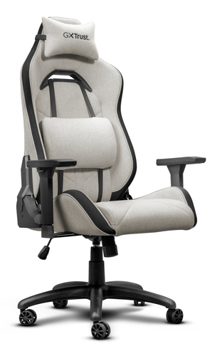 Silla gaming GXTust beige y negra con ruedas y cojines sobre fondo blanco.