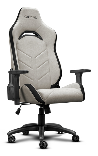 Silla gaming GXTrust gris y negra con reposabrazos y ruedas sobre fondo blanco.