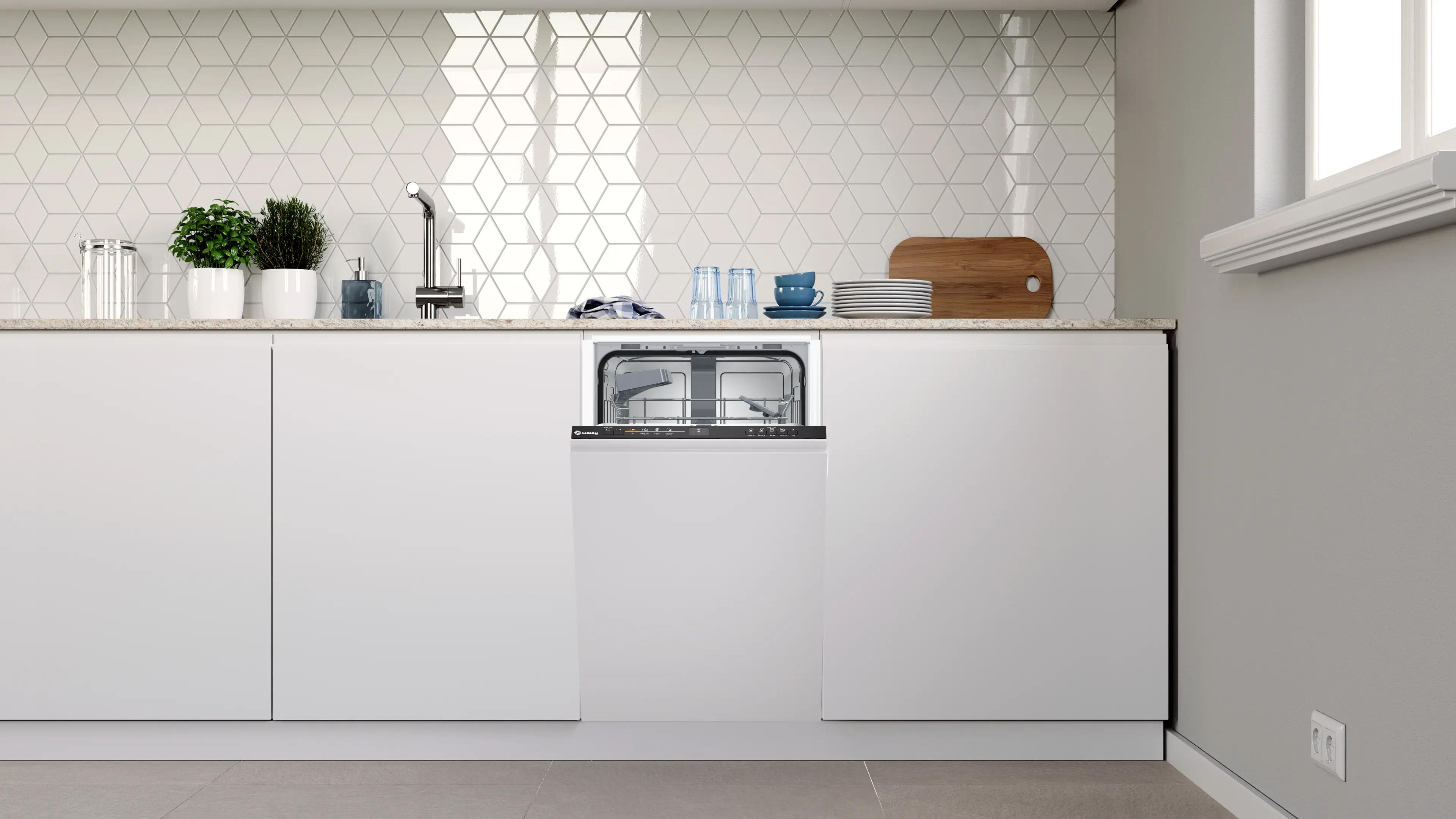 Moderna cocina blanca con lavavajillas abierto bajo la encimera, frente a azulejos hexagonales claros.