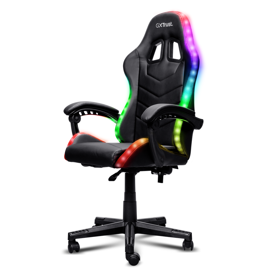 Silla gaming negra con luces LED de colores sobre fondo negro.