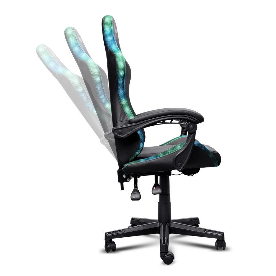 Silla gaming negra con iluminación LED azul-verde y respaldo ajustable en varias posiciones.