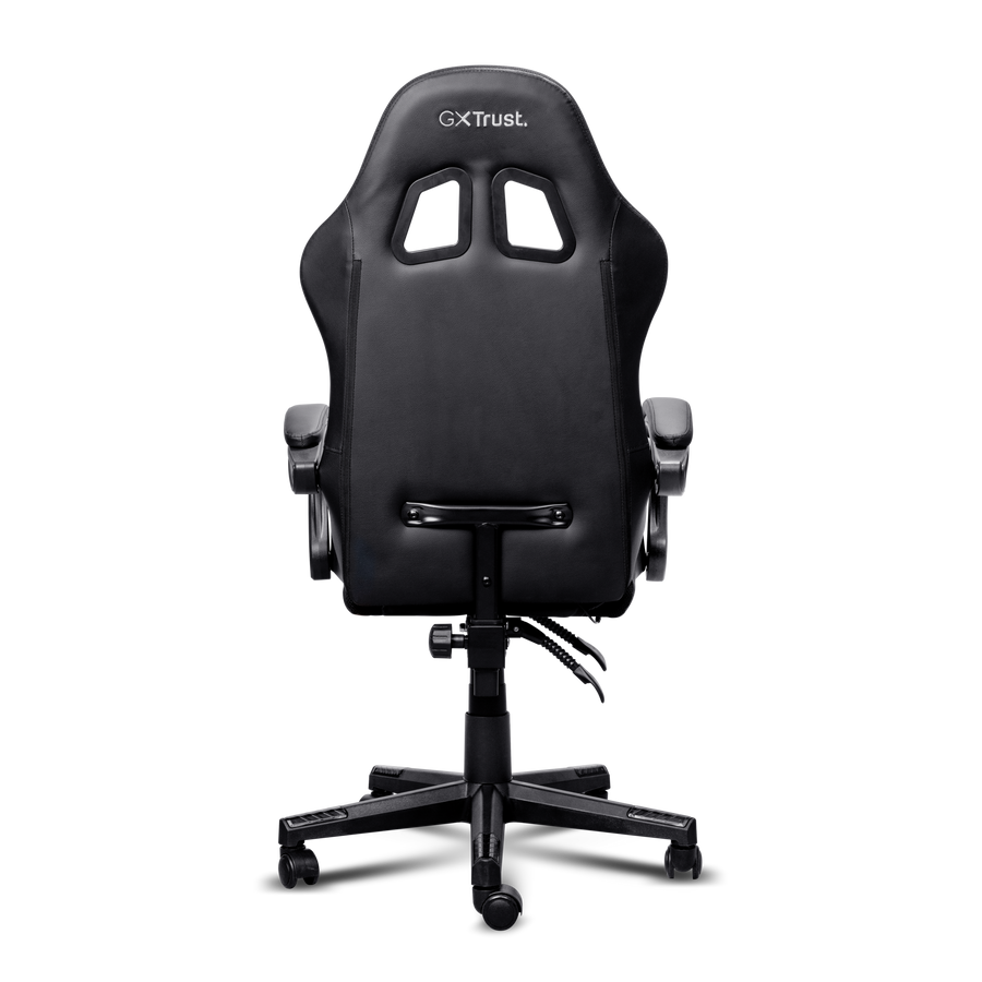 Vista trasera de una silla gaming negra GXTrust con ruedas y logo de la marca sobre fondo negro.