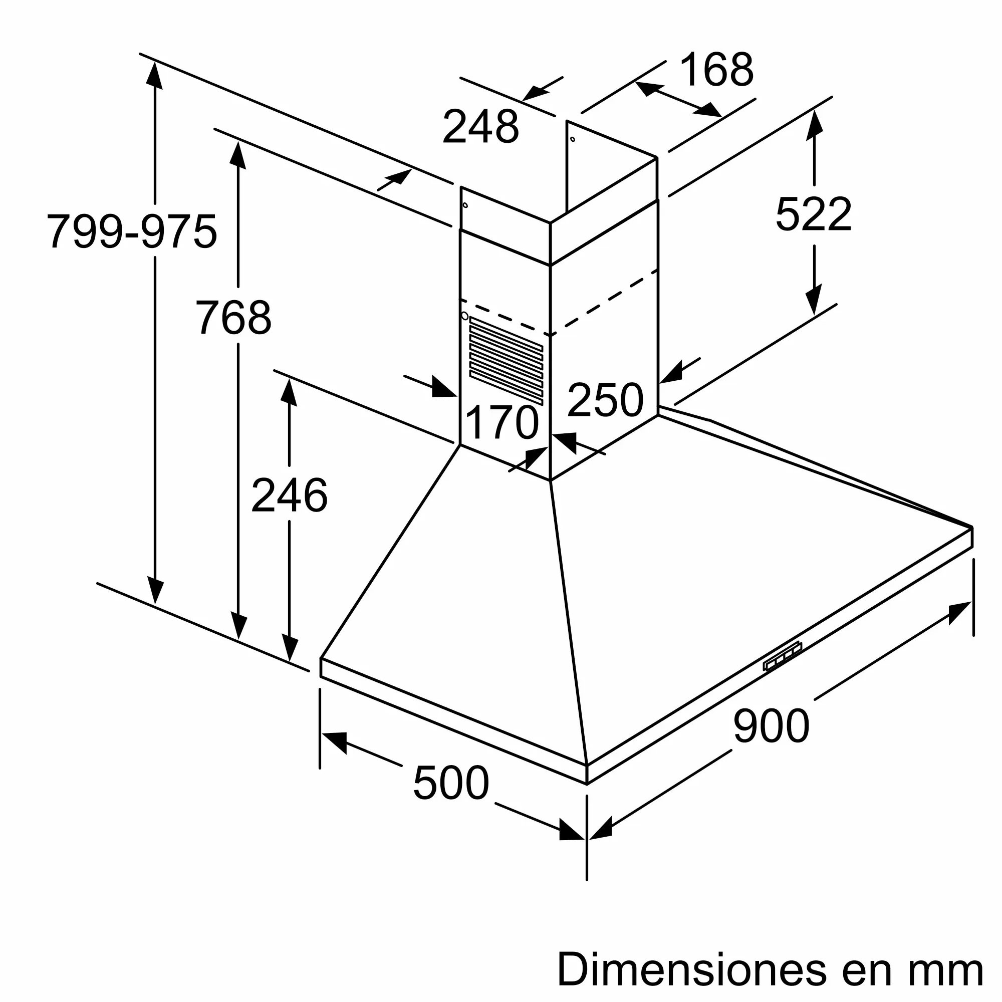 Plano técnico de una campana extractora con dimensiones en milímetros.