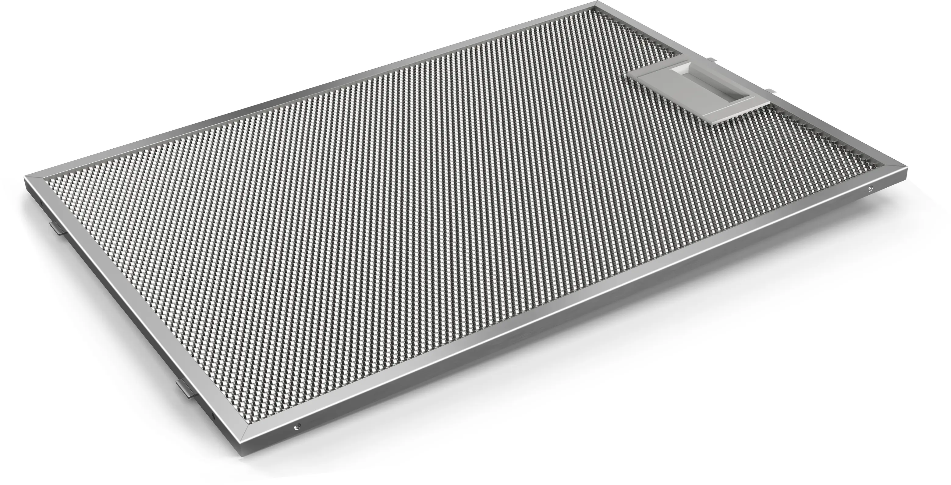 Filtro de grasa metálico rectangular y plateado para campana extractora con rejilla y asa.
