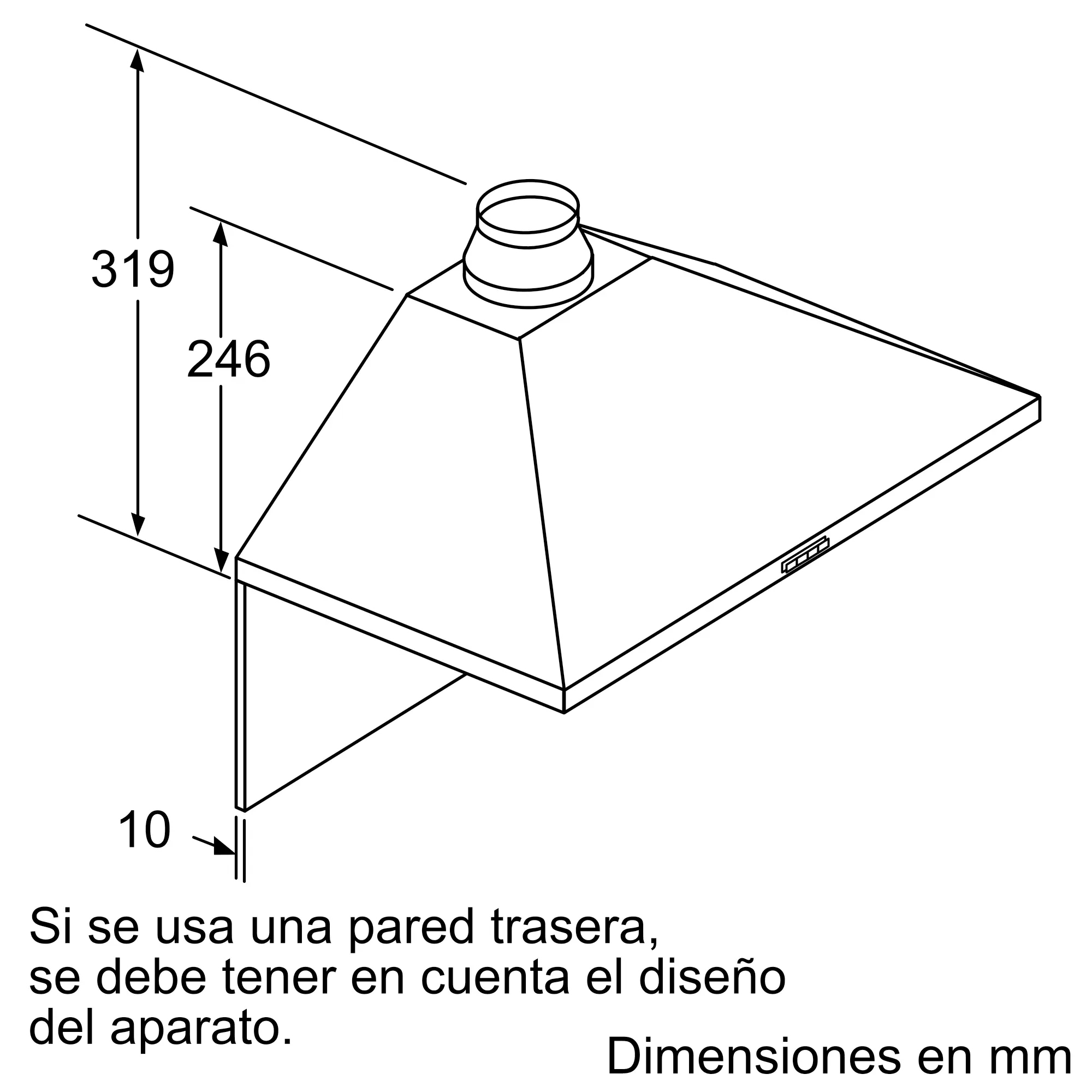 Dibujo técnico de una campana extractora con dimensiones en milímetros y texto explicativo en español.