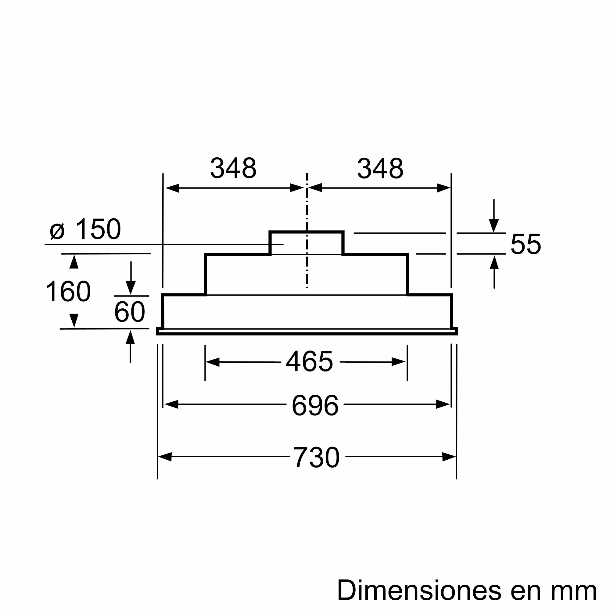 Dibujo técnico de una campana extractora con dimensiones en milímetros sobre fondo blanco.