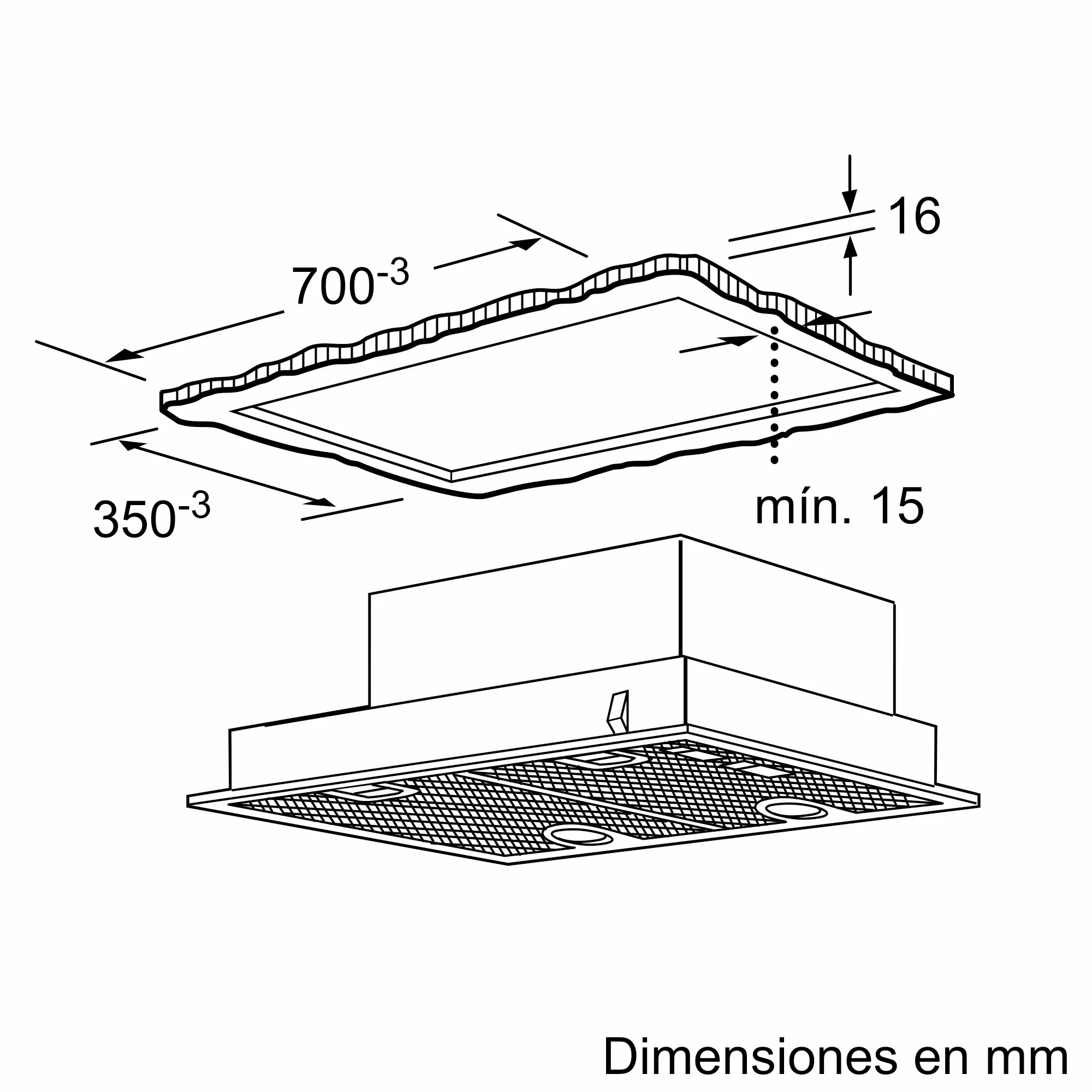 Dibujo técnico de una campana extractora con dimensiones en milímetros.