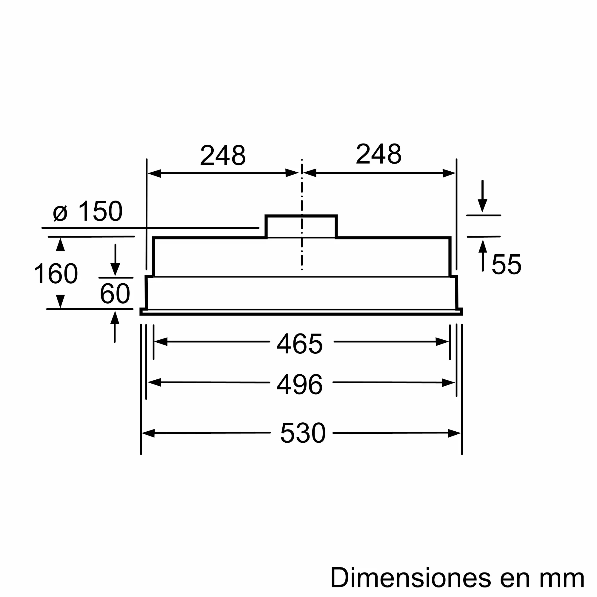 Dibujo técnico de una campana extractora con dimensiones en milímetros.