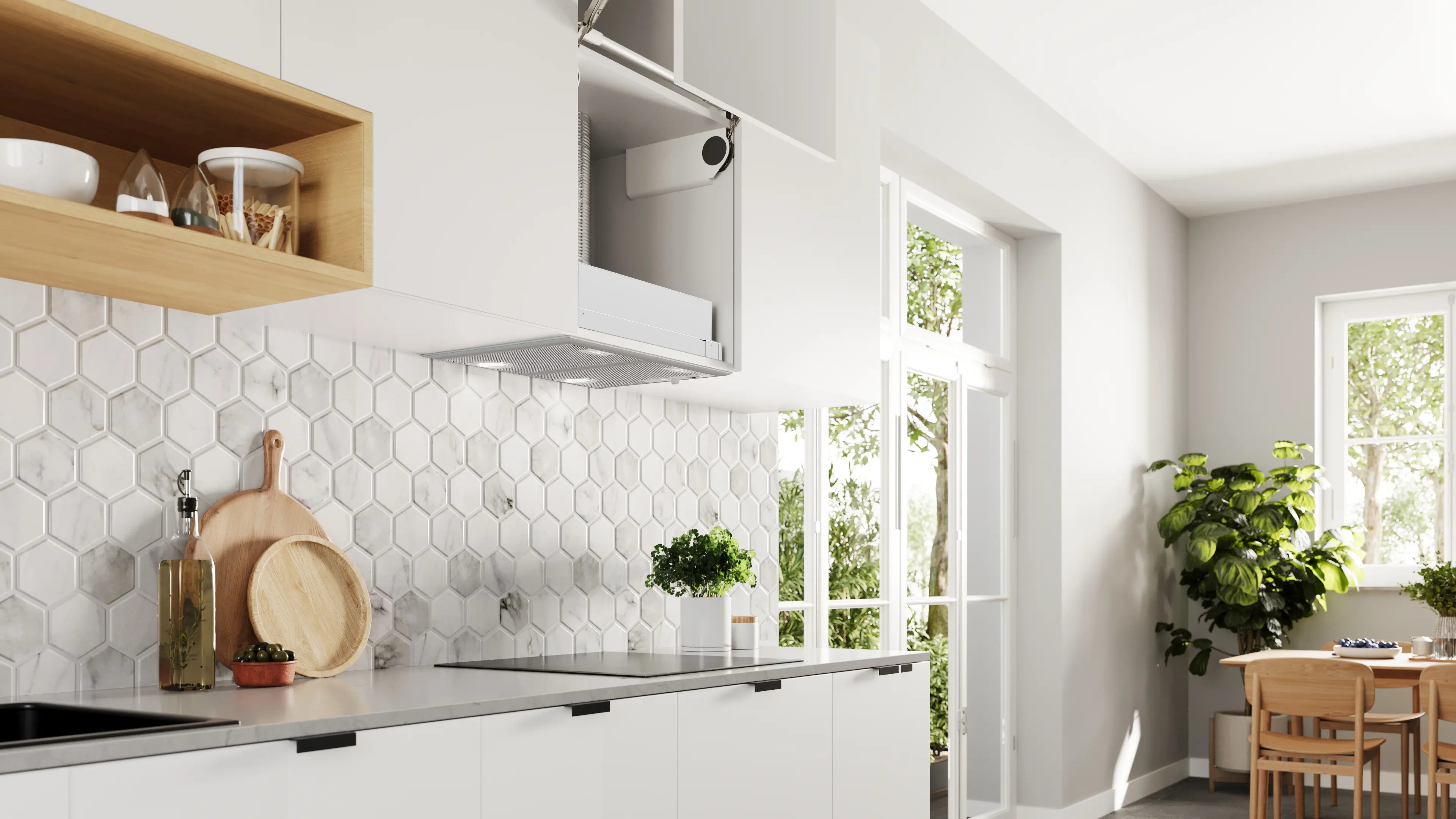 Moderna cocina blanca con azulejos hexagonales de mármol, estantes de madera, una placa y plantas al fondo.