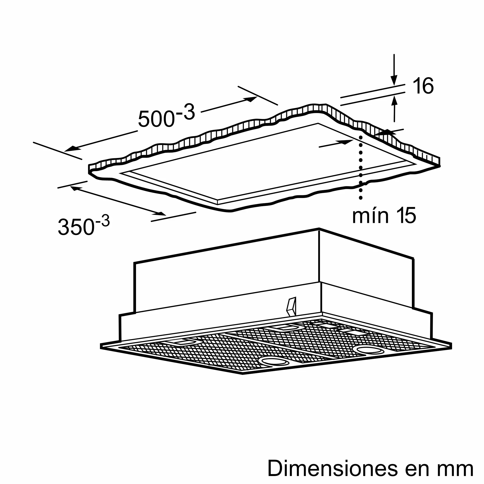 Plano técnico de una campana extractora con dimensiones en mm.