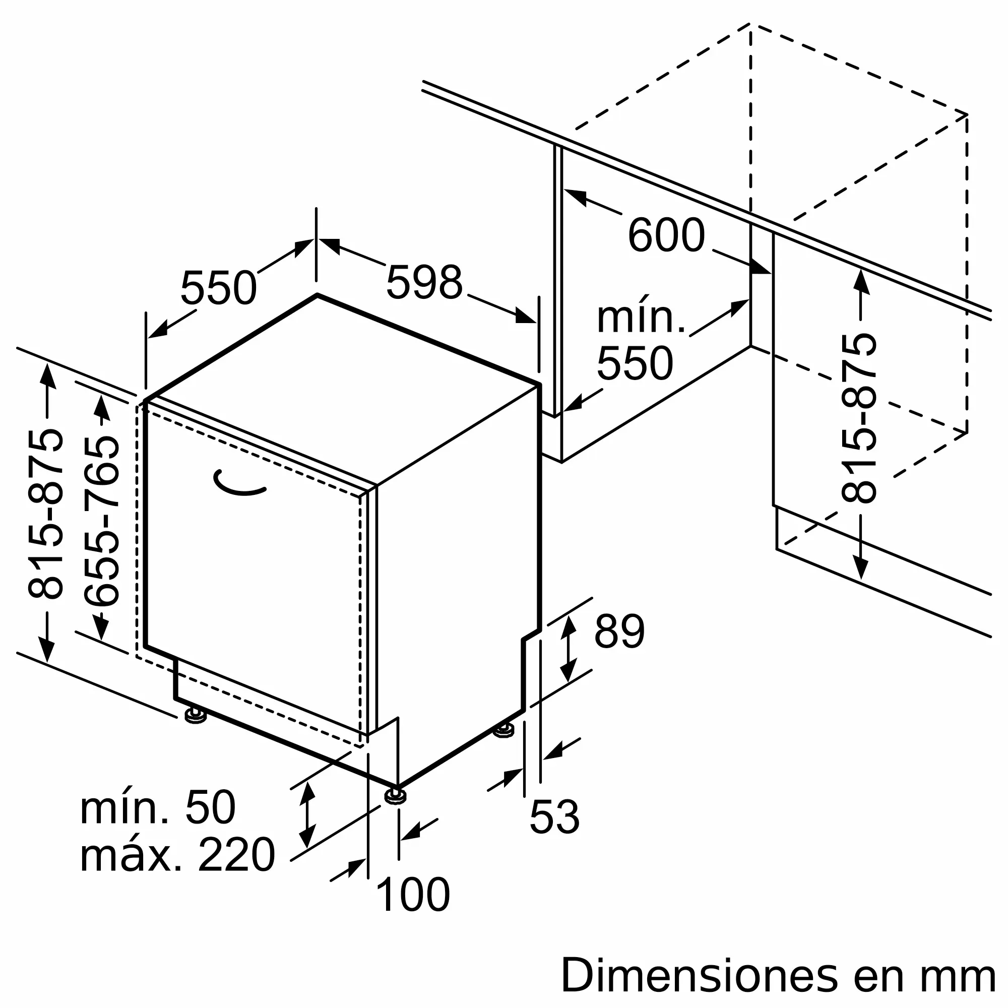 Dibujo técnico de un lavavajillas con dimensiones en milímetros para su instalación en un mueble de cocina.
