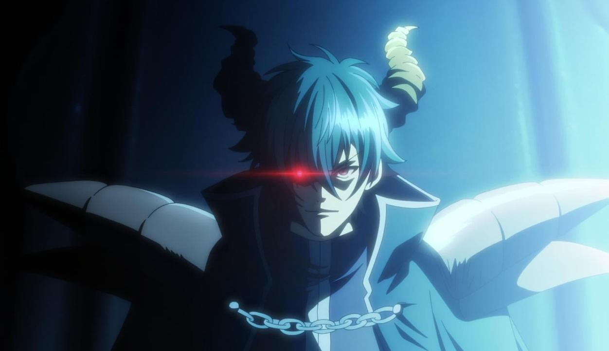 Anime-Charakter mit blauen Haaren, Hörnern und leuchtend rotem Auge in blauer Beleuchtung.
