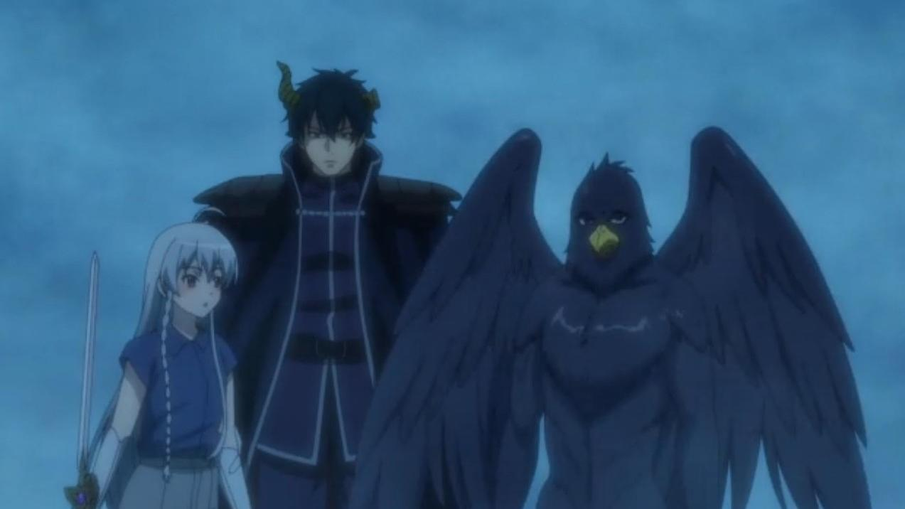 Anime-Szene mit weißhaarigem Mädchen mit Schwert, gehörntem Mann und großem geflügelten vogelähnlichen Wesen.