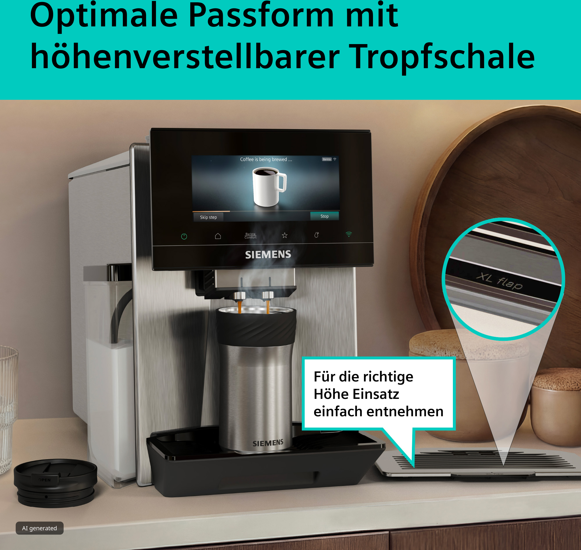 Siemens-Kaffeevollautomat mit Touchscreen brüht Kaffee in einen Metallbecher auf einer höhenverstellbaren Tropfschale.