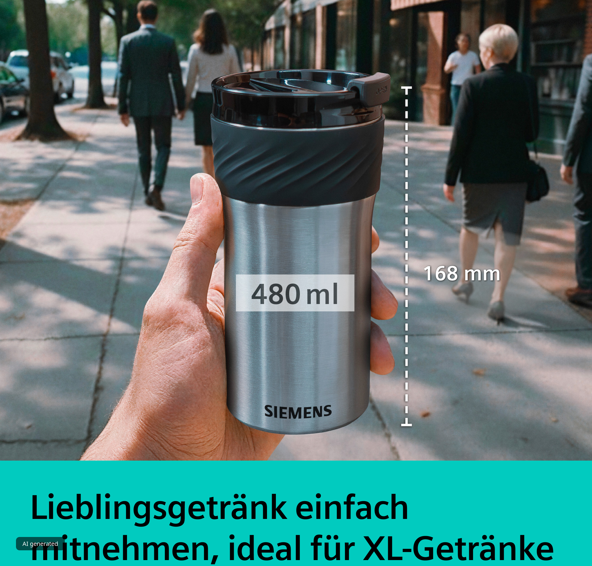 Hand hält einen Siemens Thermo-Becher mit 480 ml auf einem Gehweg.