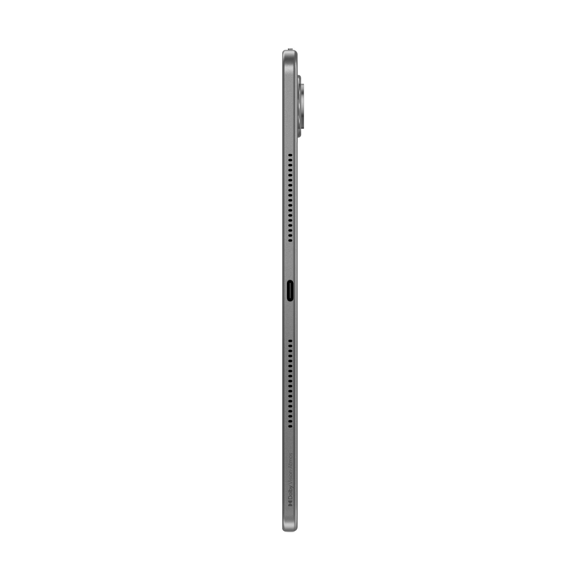 USB-C bağlantı noktası, hoparlör ızgaraları ve Dolby Vision Atmos logosu olan gri bir tabletin yandan görünümü.