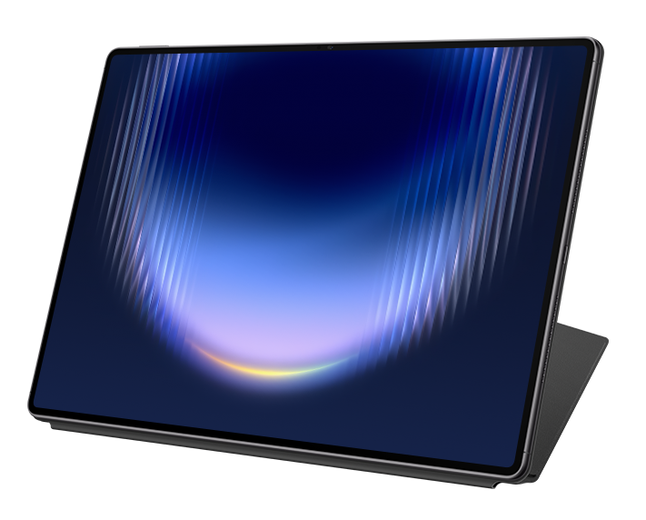 Tablet z ciemnym ekranem przedstawiającym niebieski, zakrzywiony wzór świetlny na czarnym tle.