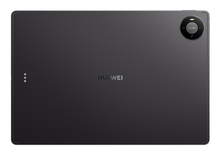 Tył szarego tabletu Huawei z okrągłym modułem aparatu i logo marki pośrodku.