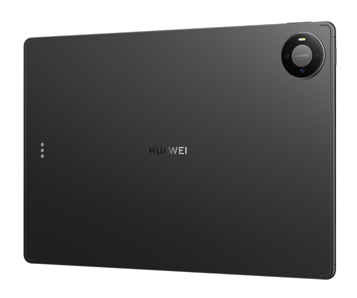 Tył ciemnego tabletu Huawei z okrągłym modułem aparatu i logo HUAWEI na czarnym tle.