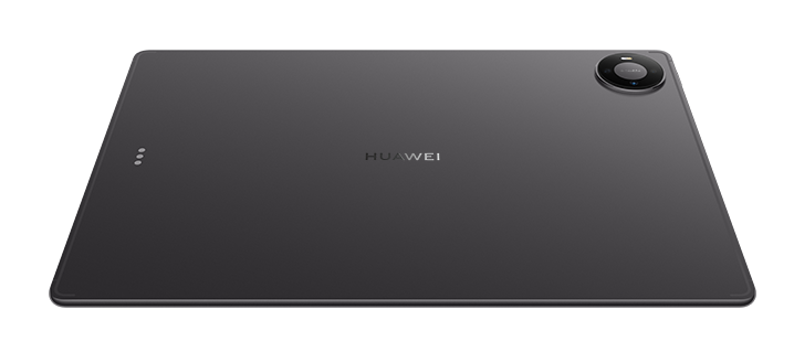 Tył szarego tabletu Huawei z okrągłym aparatem w prawym górnym rogu i logo na środku na czarnym tle.