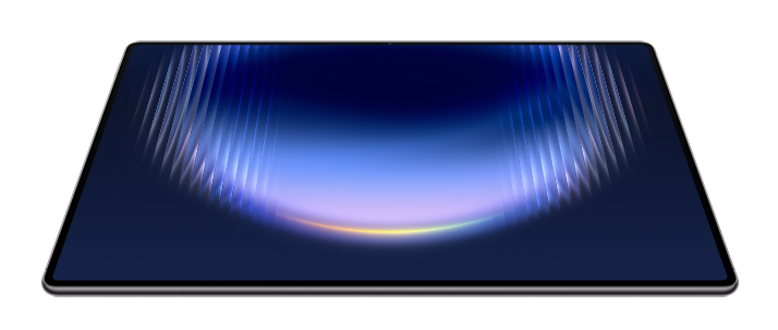 Tablet wyświetla niebieskie tło z zakrzywionymi liniami i miękkimi refleksami świetlnymi na czarnym tle.
