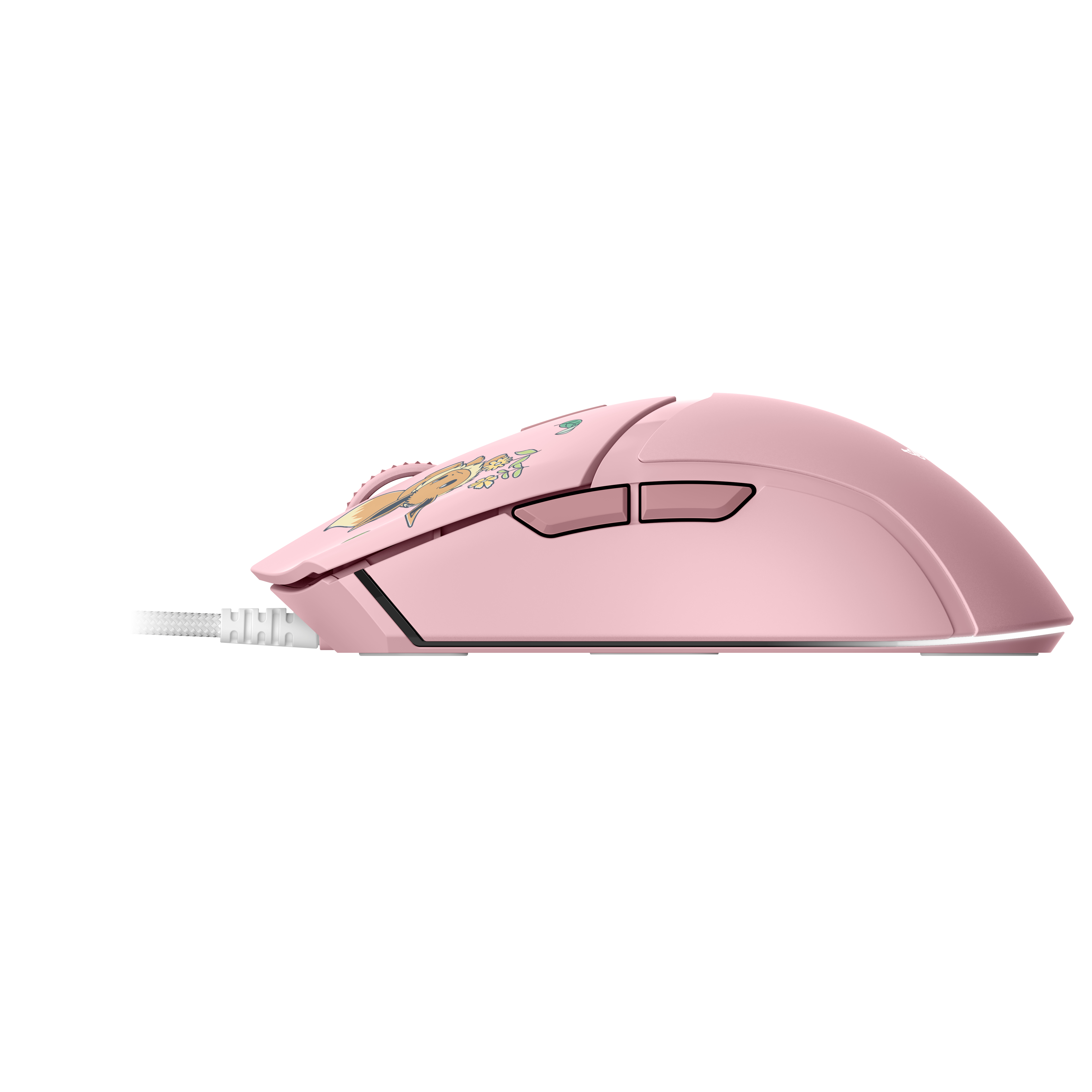 Eine rosa kabelgebundene Computermaus mit Seitentasten und einer Cartoon-Grafik oben, im Profil auf weißem Hintergrund.
