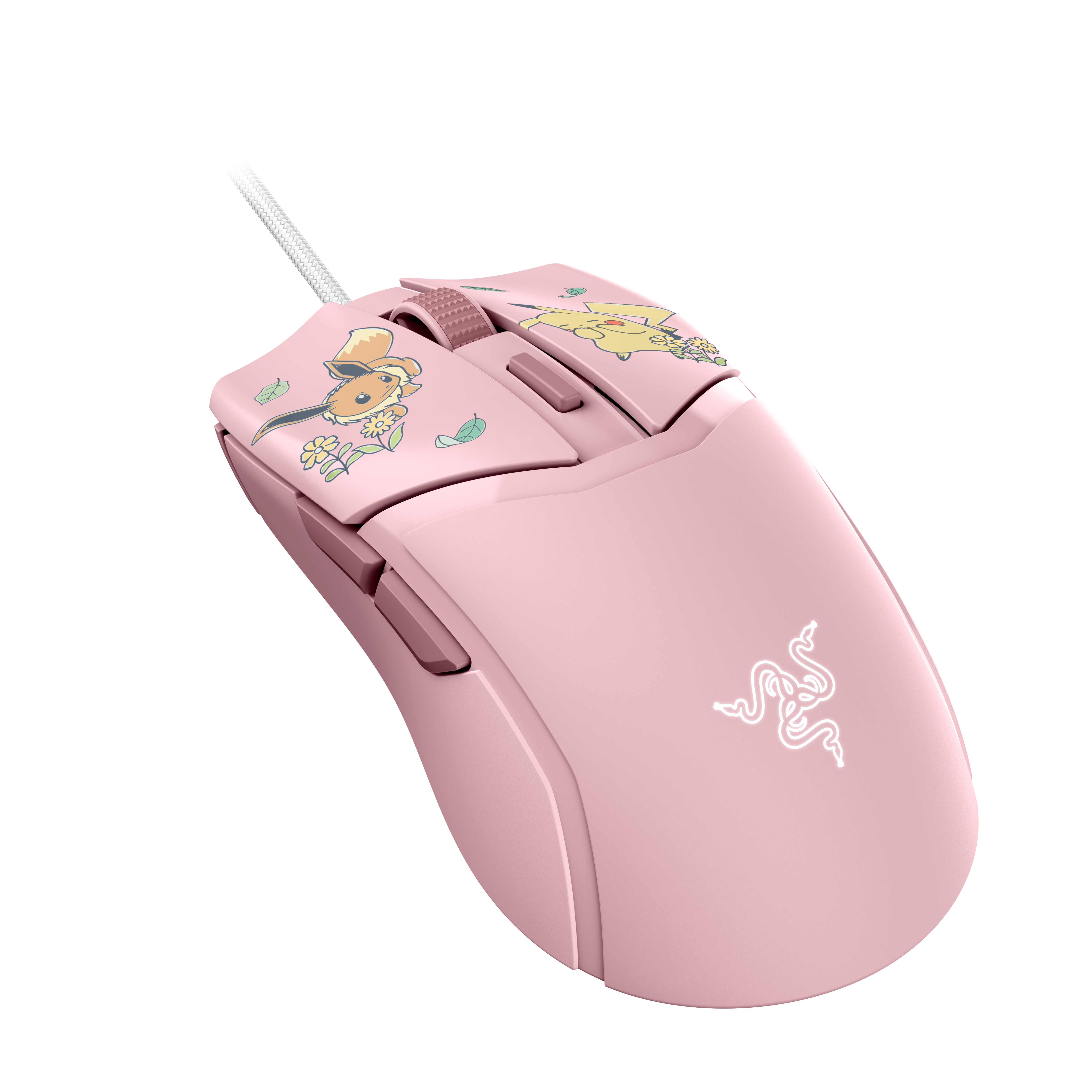 Eine rosa kabelgebundene Computermaus mit Pikachu- und Evoli-Illustrationen, Seitentasten und weißem Kabel.