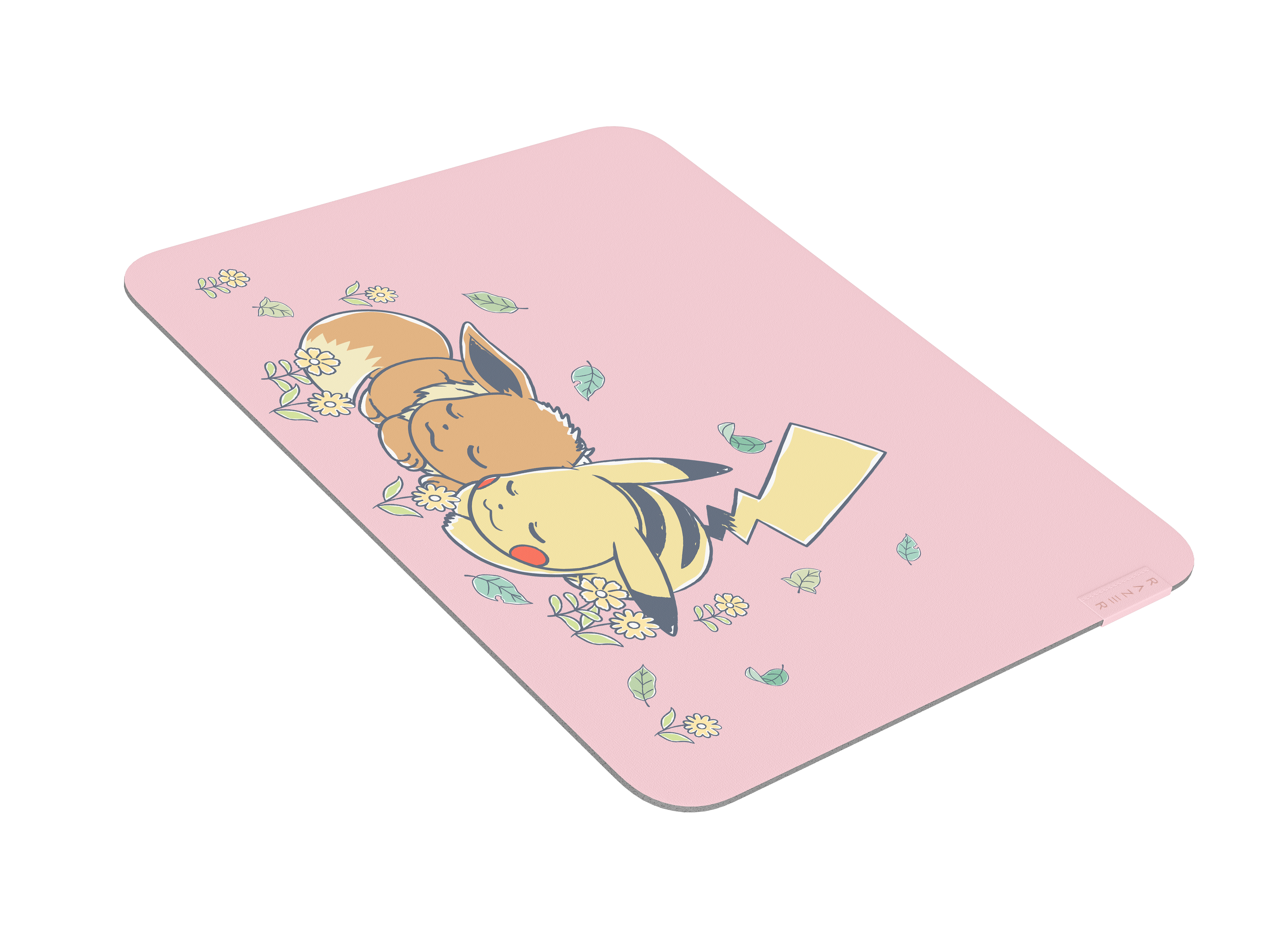 Rosa Mauspad mit schlafendem Evoli und Pikachu zwischen Blumen und Blättern.