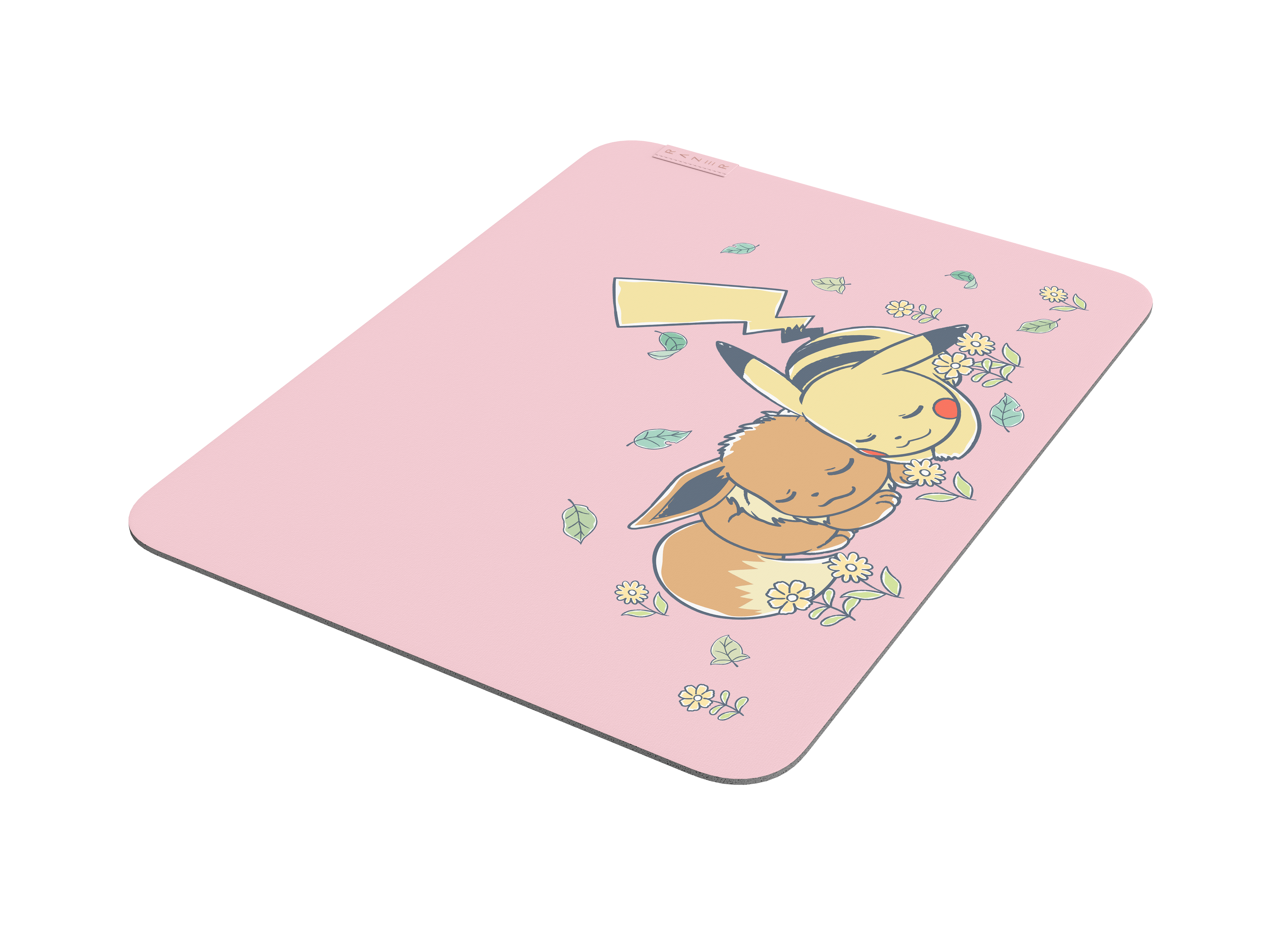 Ein rosafarbenes Mauspad mit einer Illustration von schlafenden Pokémon, Evoli und Pikachu, umgeben von Blumen.