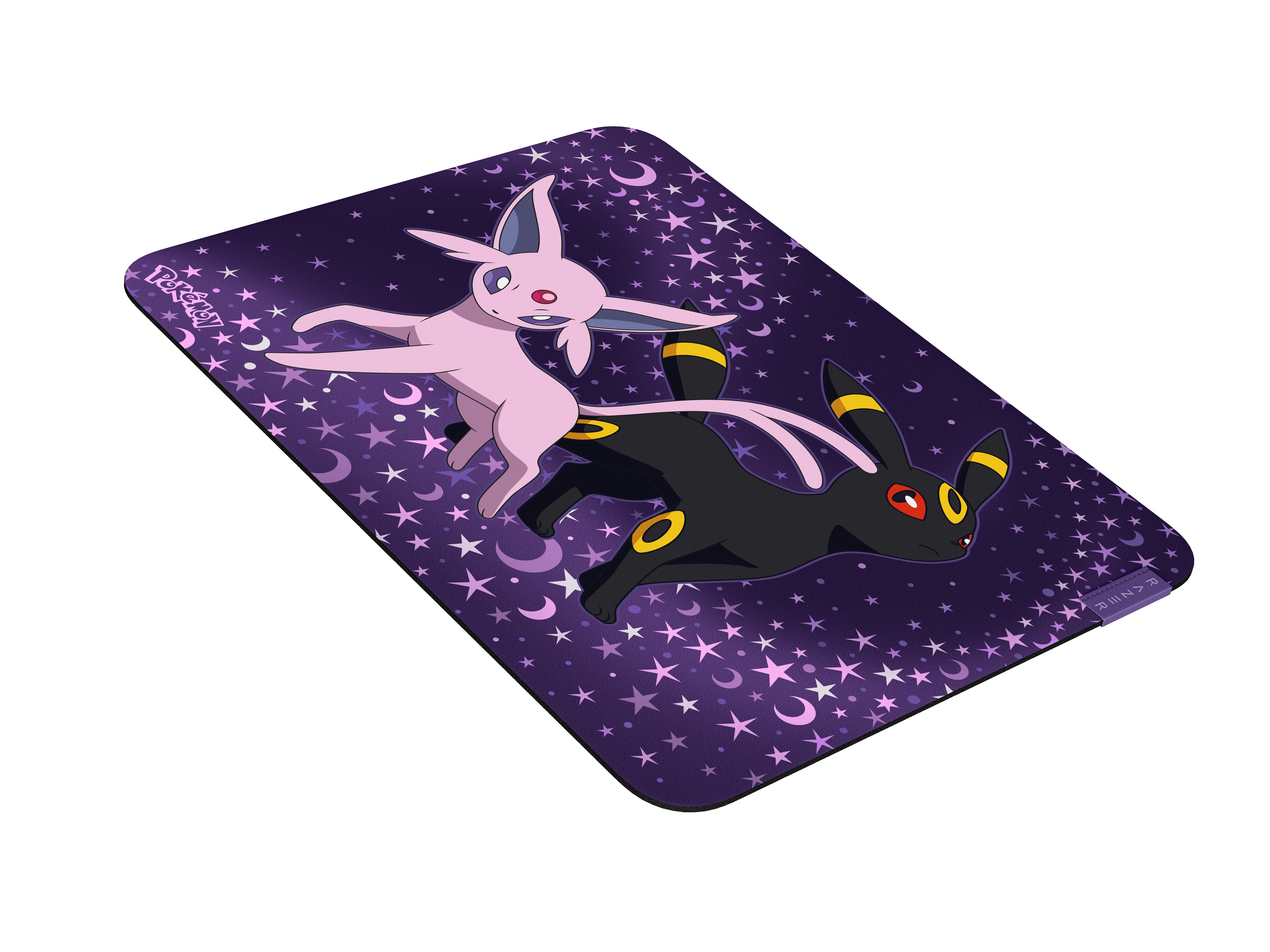 Eine rechteckige Matte in Lila zeigt die Pokémon Espeon und Umbreon vor einem sternen- und mondübersäten Nachthimmel.