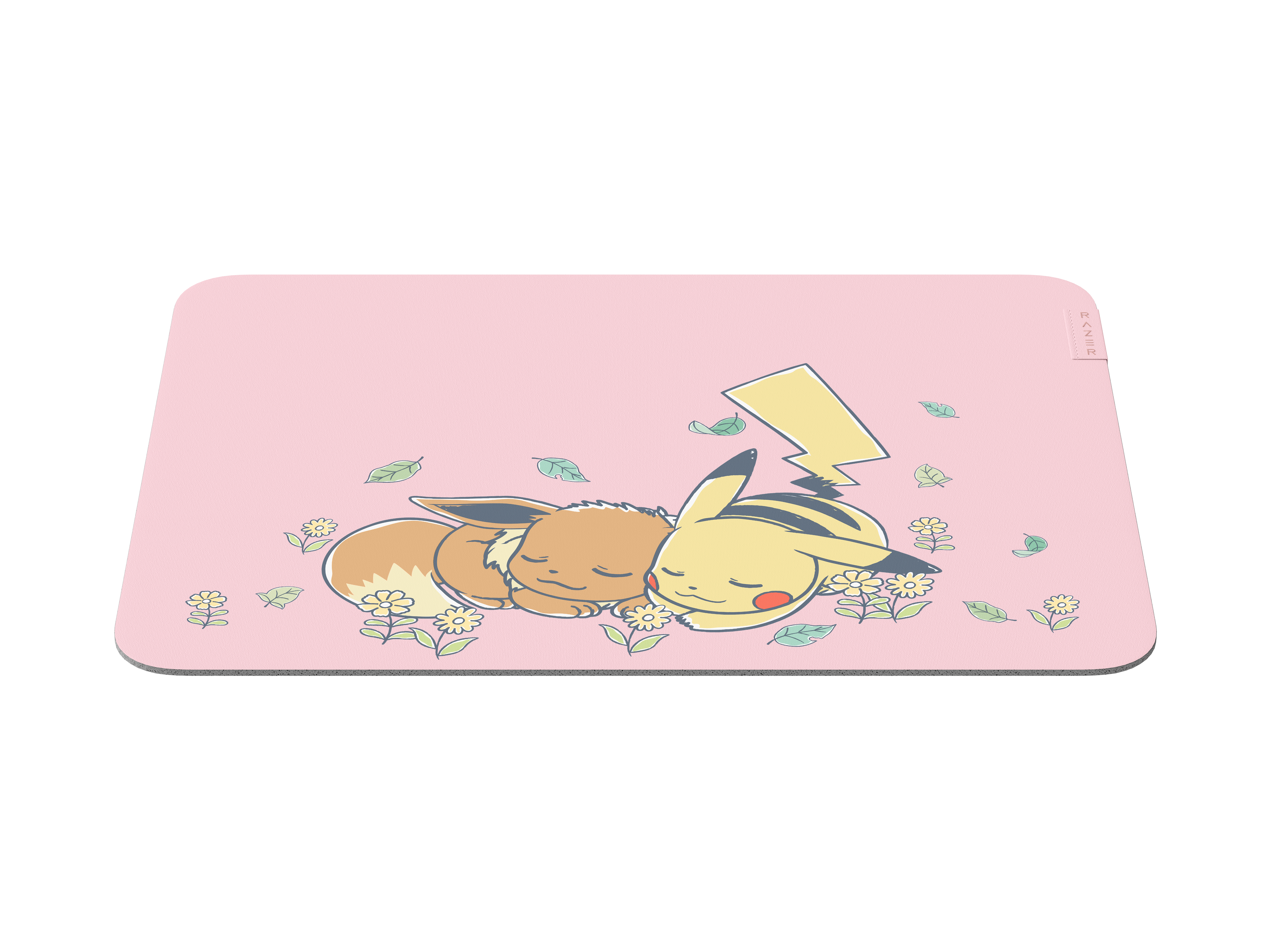 Ein rosafarbenes Mauspad zeigt Pikachu und Evoli, die friedlich im Gras schlafen, umgeben von kleinen Blumen und Blättern.
