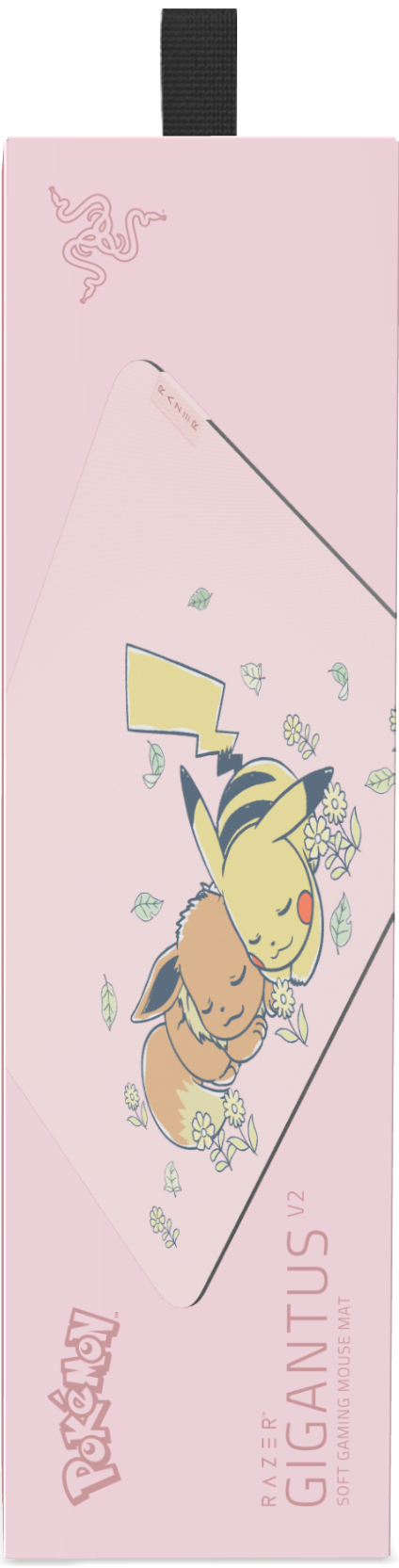 Rosa Razer Gigantus V2 Mauspad-Schachtel mit schlafenden Pikachu und Evoli zwischen Blumen.
