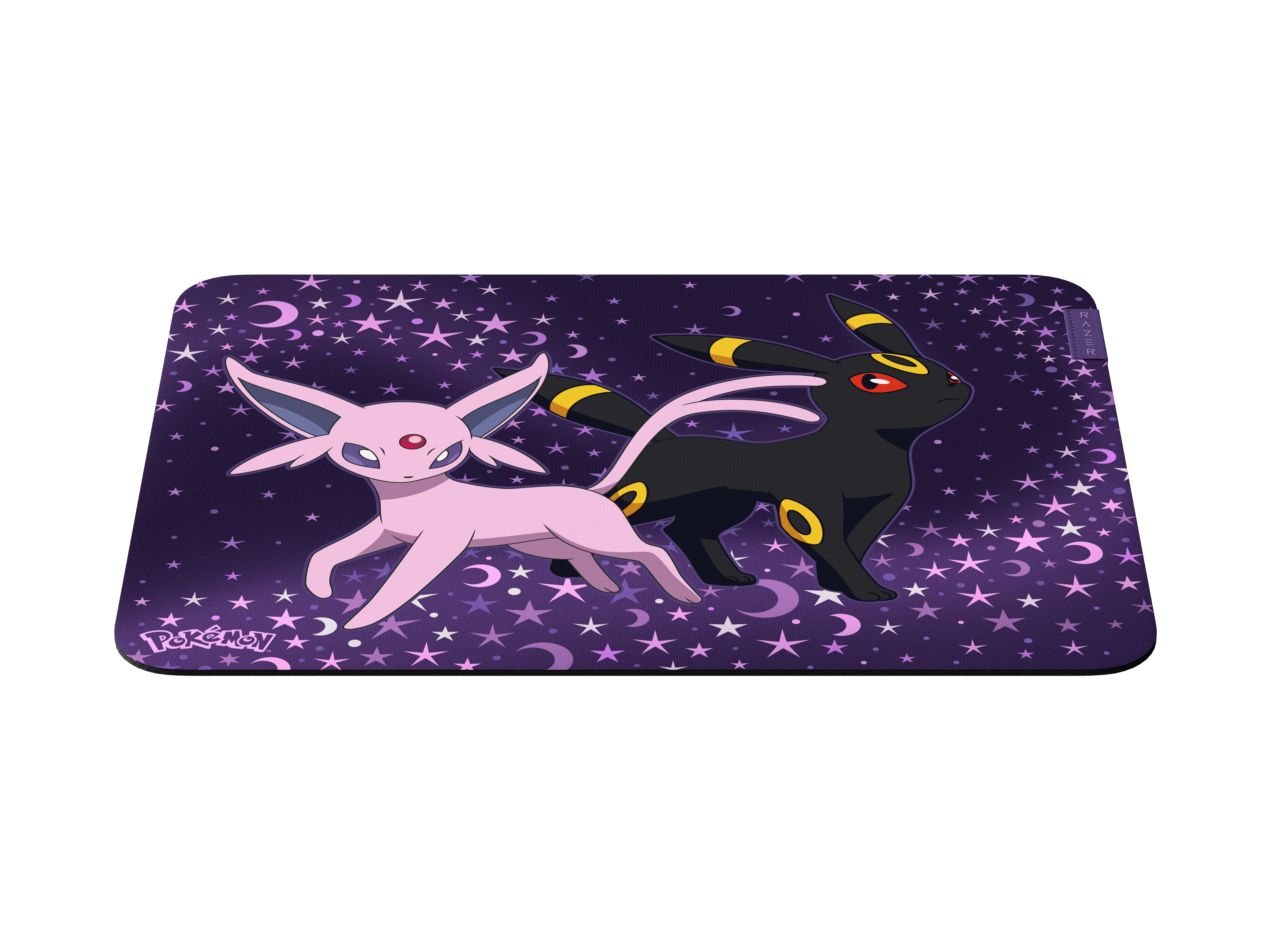 Ein rechteckiges Mauspad zeigt Espeon und Umbreon vor einem dunkelvioletten Hintergrund mit Sternen und Monden.