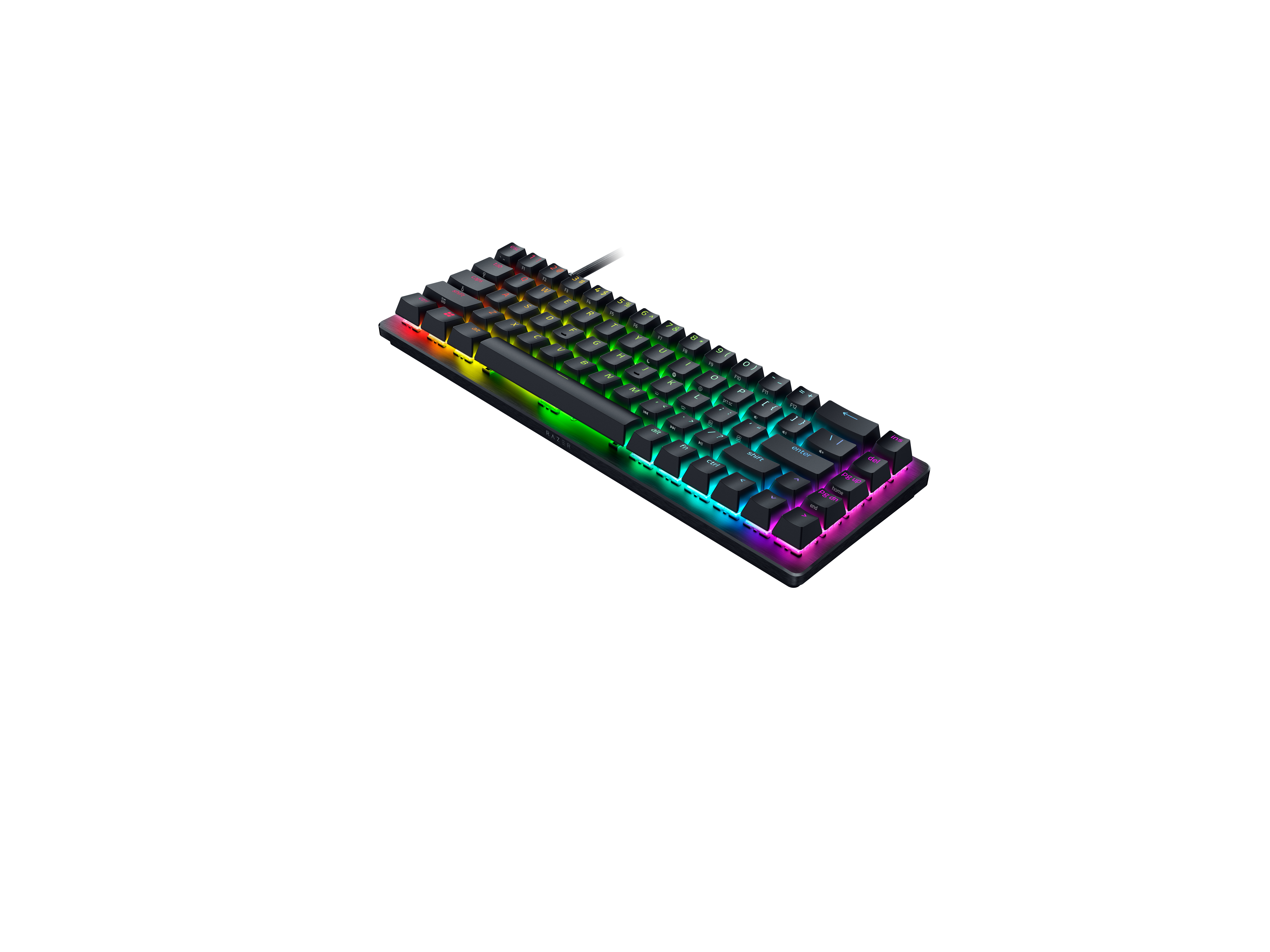 Schwarze mechanische Tastatur mit lebendiger RGB-Hintergrundbeleuchtung auf weißem Hintergrund.