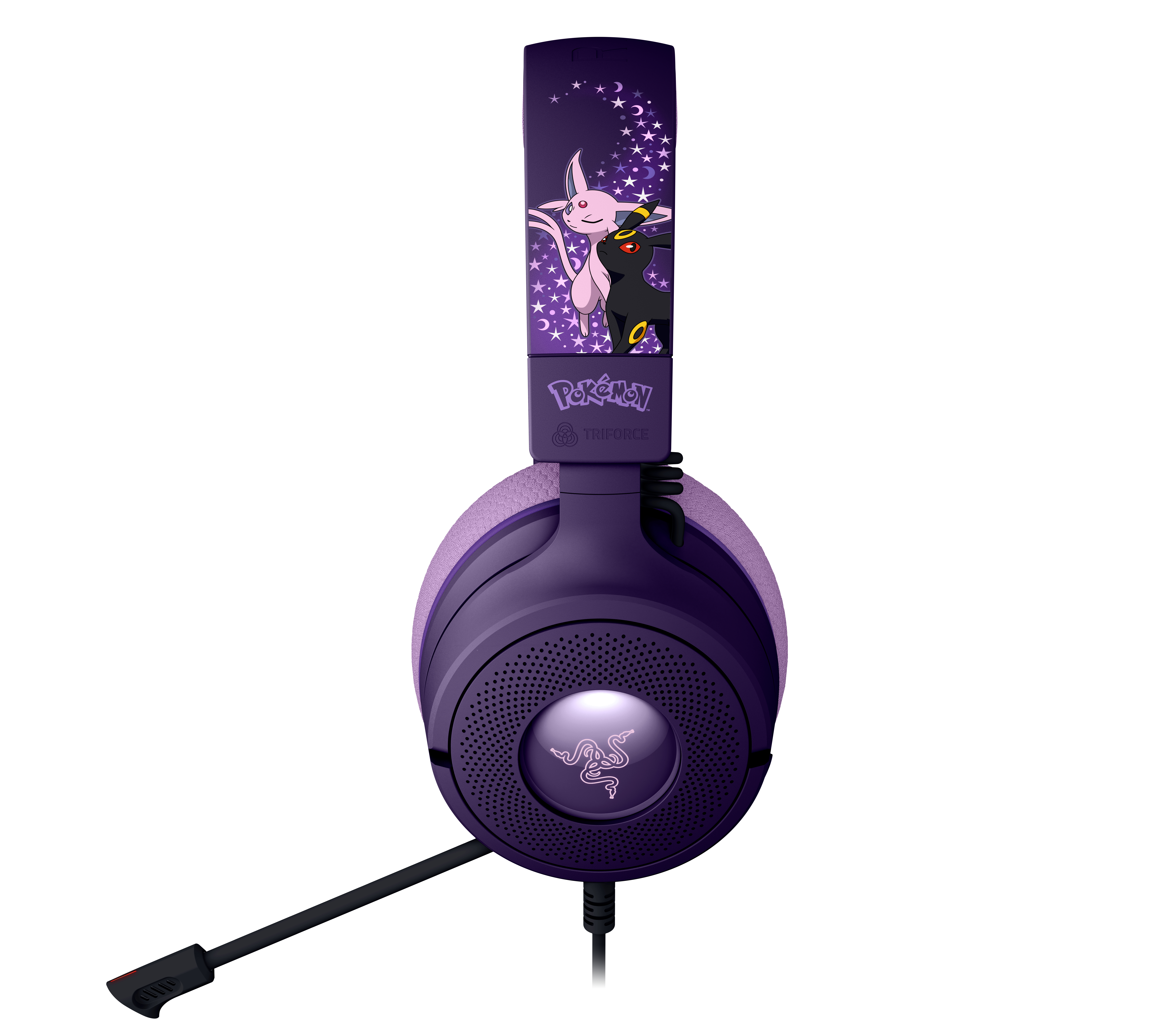 Lila Gaming-Headset mit Pokémon-Motiv von Espeon und Umbreon, integriertem Mikrofon und beleuchtetem Razer-Logo.