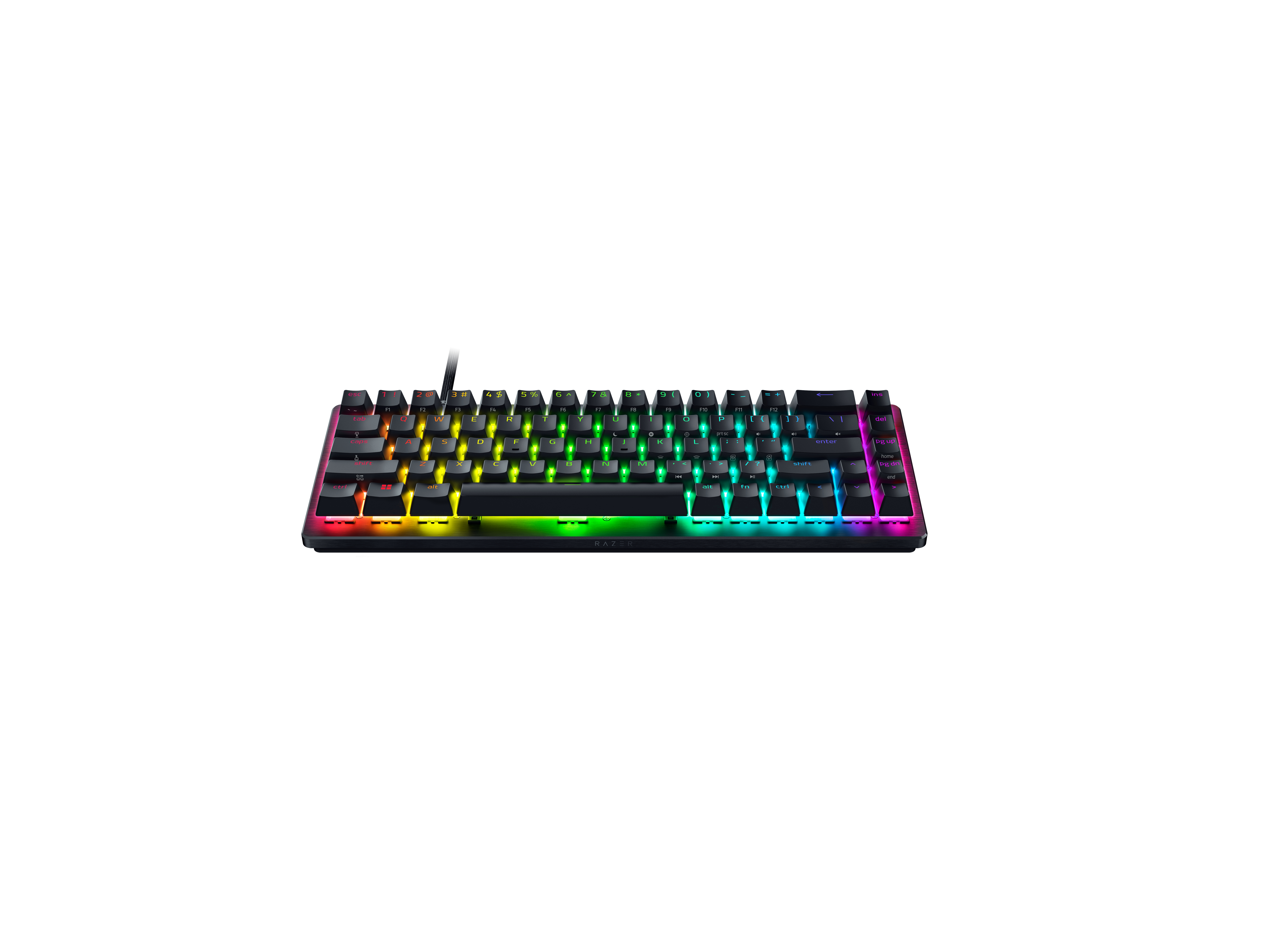 Eine kompakte, schwarze Tastatur mit lebendiger RGB-Hintergrundbeleuchtung auf weißem Hintergrund.