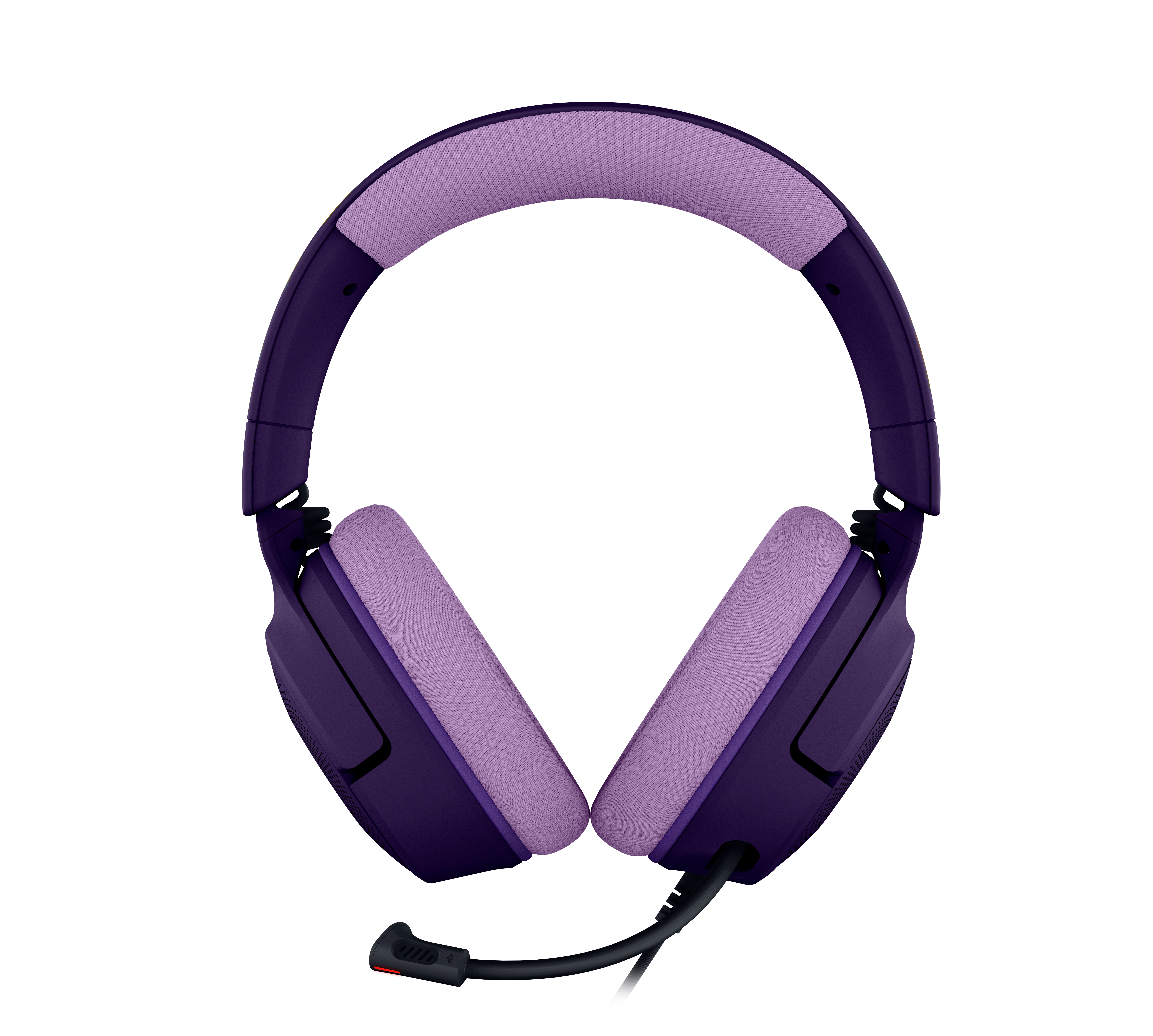 Lila Gaming-Headset mit helllila Stoff-Ohrpolstern und Kopfbügel sowie schwarzem Mikrofon vor weißem Hintergrund.
