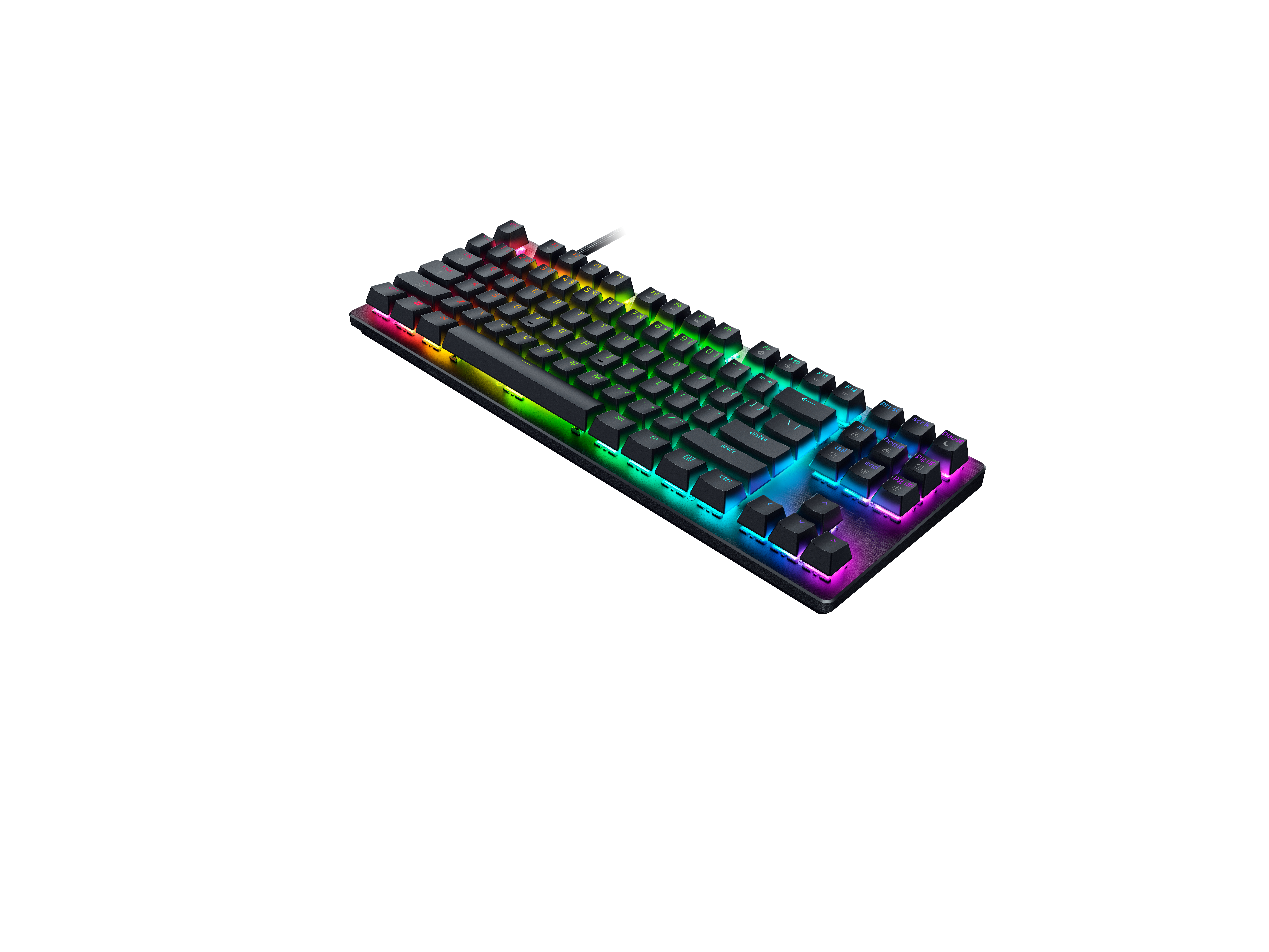 Schwarze mechanische Tastatur mit lebendiger RGB-Hintergrundbeleuchtung auf weißem Hintergrund.